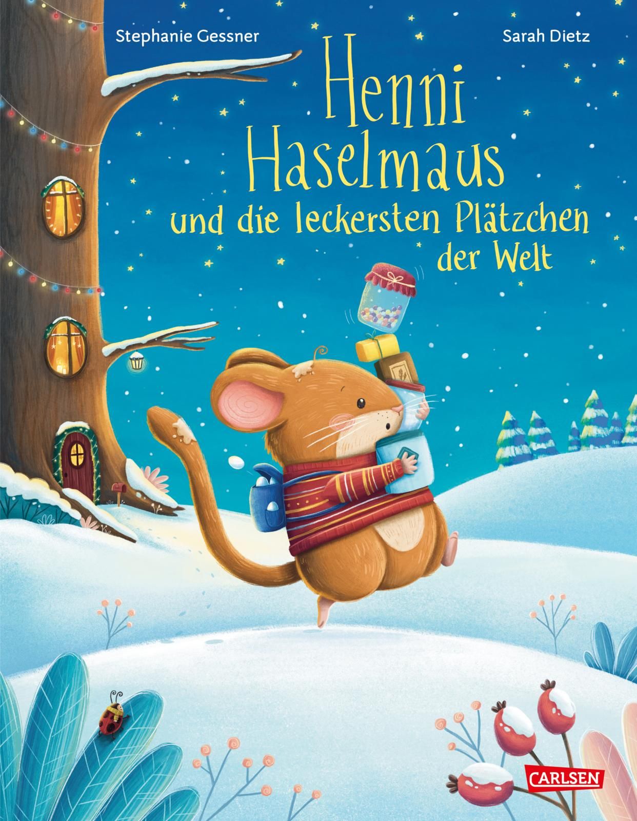Buchcover: Henni Haselmaus und die leckersten Plätzchen der Welt. Illustration einer Maus im Winterwald, mit Plätzchen.