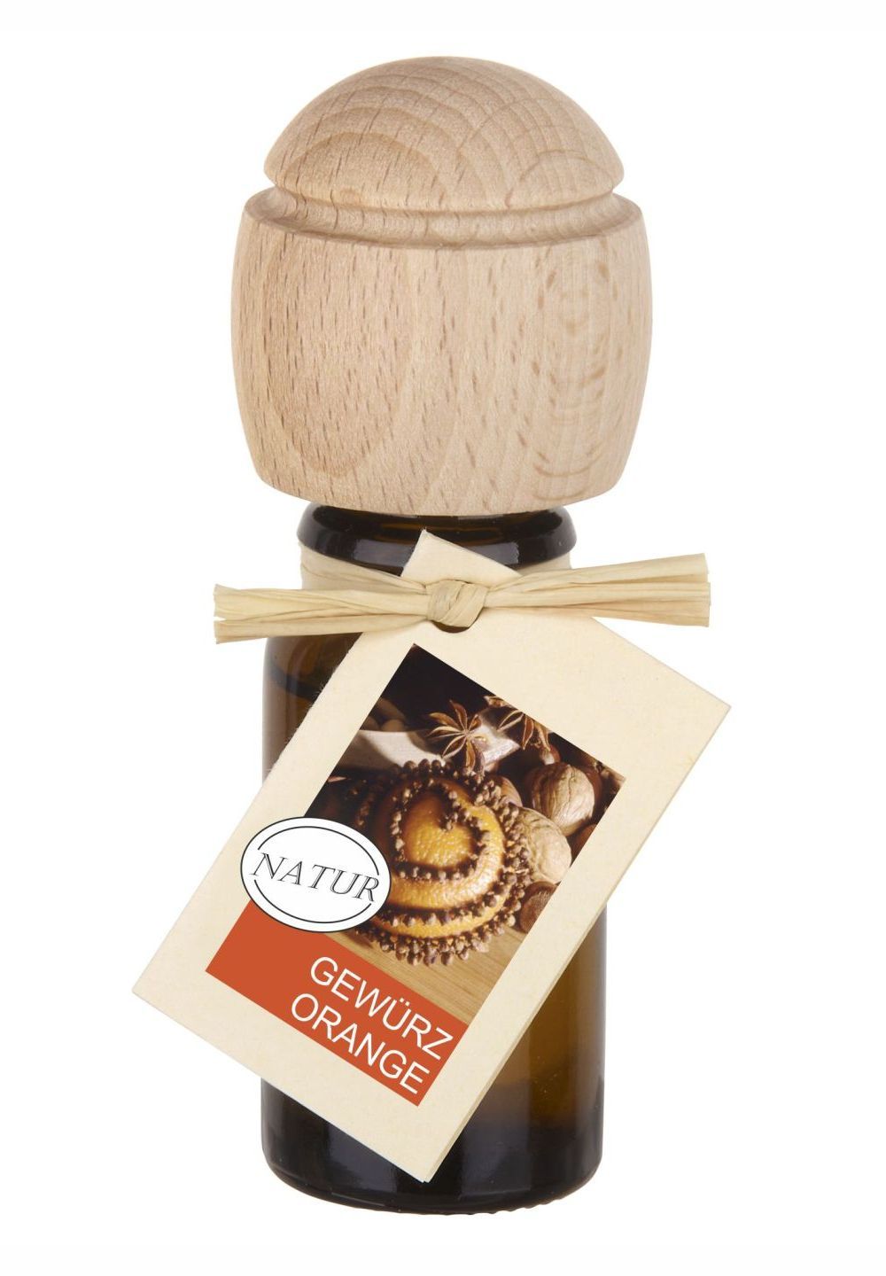 Braune Glasflasche mit Holzverschluss und Anhänger. Aufschrift: NATUR, GEWÜRZ ORANGE. Mit Bastband gebunden.