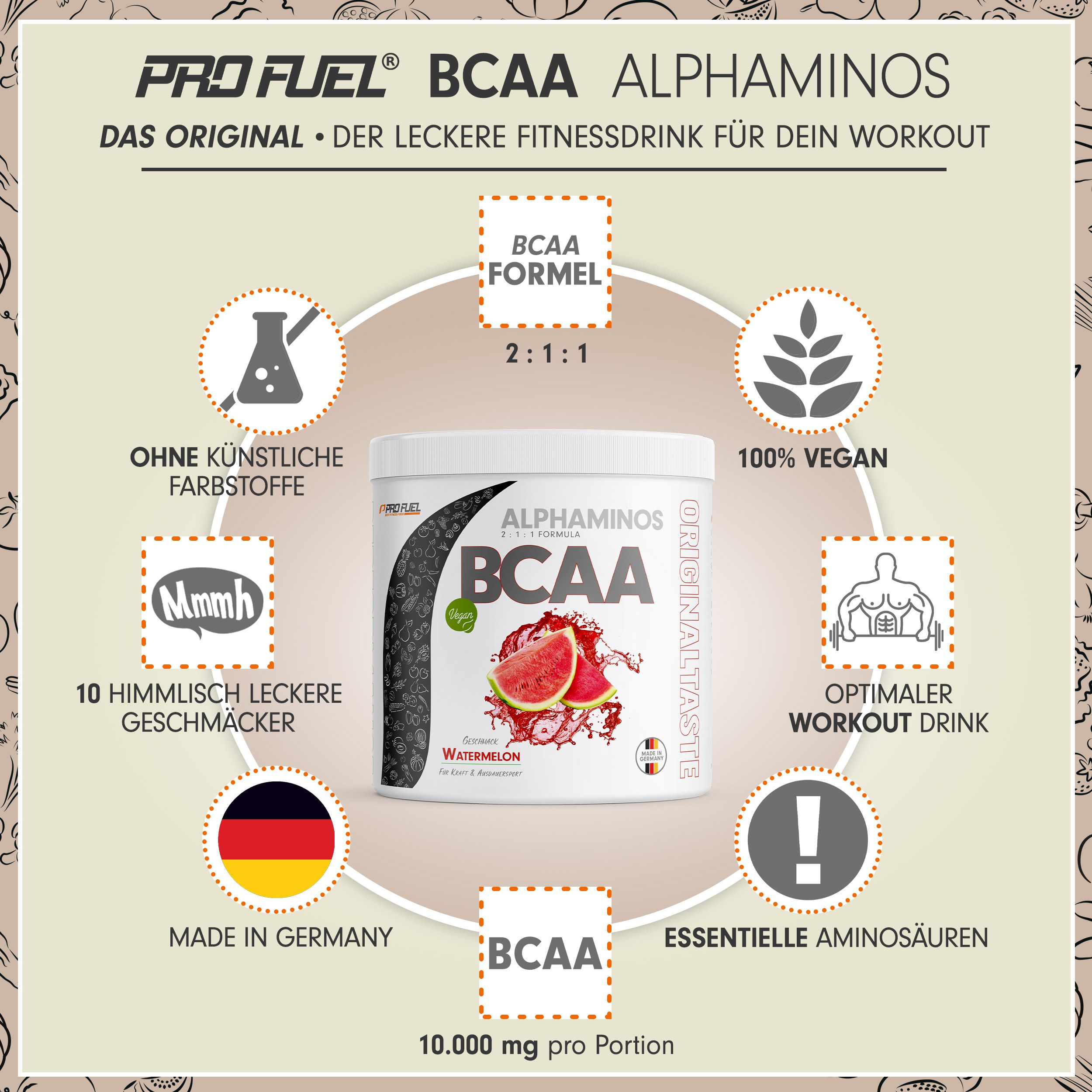Werbebild mit BCAA-Pulver. Produkt umgeben von Icons. Text: BCAA Formel, 100% vegan, Made in Germany, 10.000 mg pro Portion.