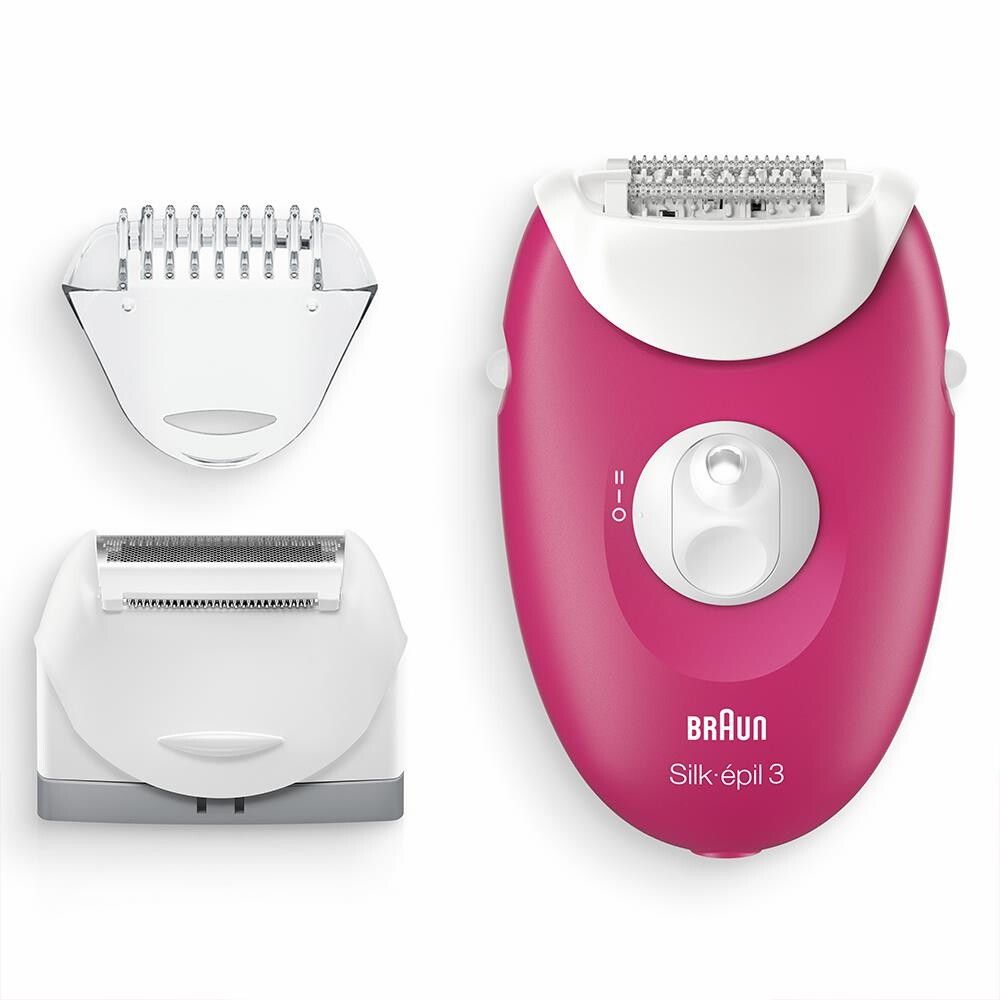 Rosa-weißer Epilierer mit Zubehör. Marke: Braun Silk-épil 3. Aufsätze: Trimmer, Rasierer.