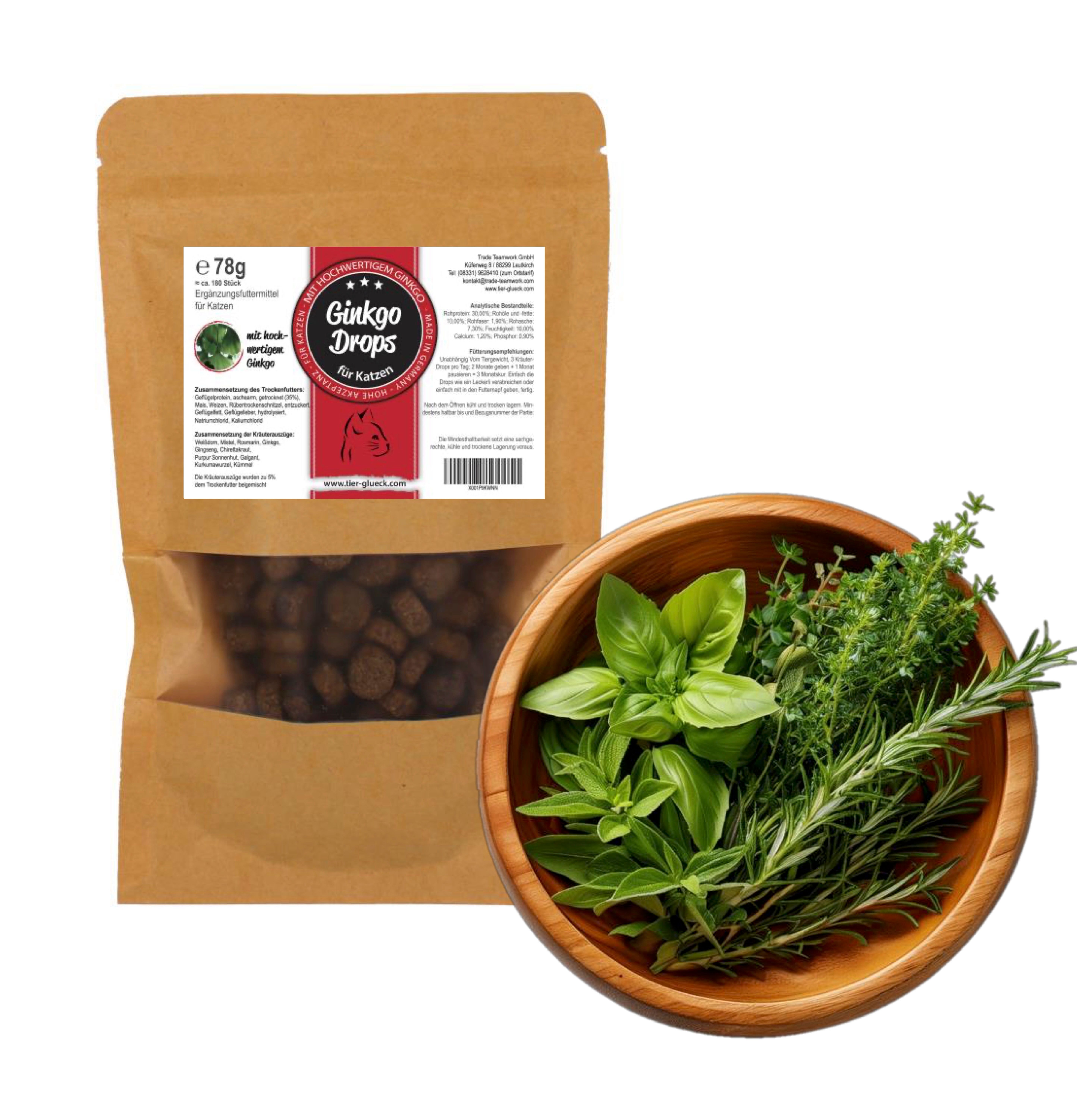 Beutel mit Ginkgo Drops für Katzen neben einer Schale mit Kräutern. Produktetikett sichtbar.
