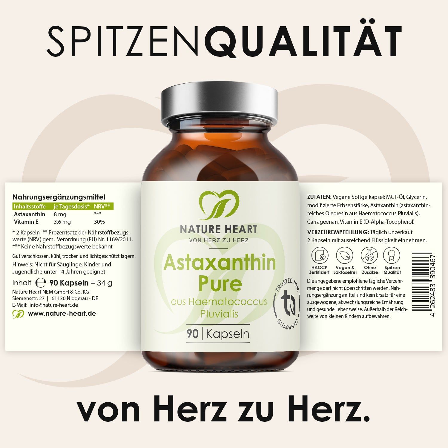 Nature Heart Astaxanthin Pure Kapseln: Nährwertangaben, Inhaltsstoffe und Anwendungshinweise auf dem Etikett.