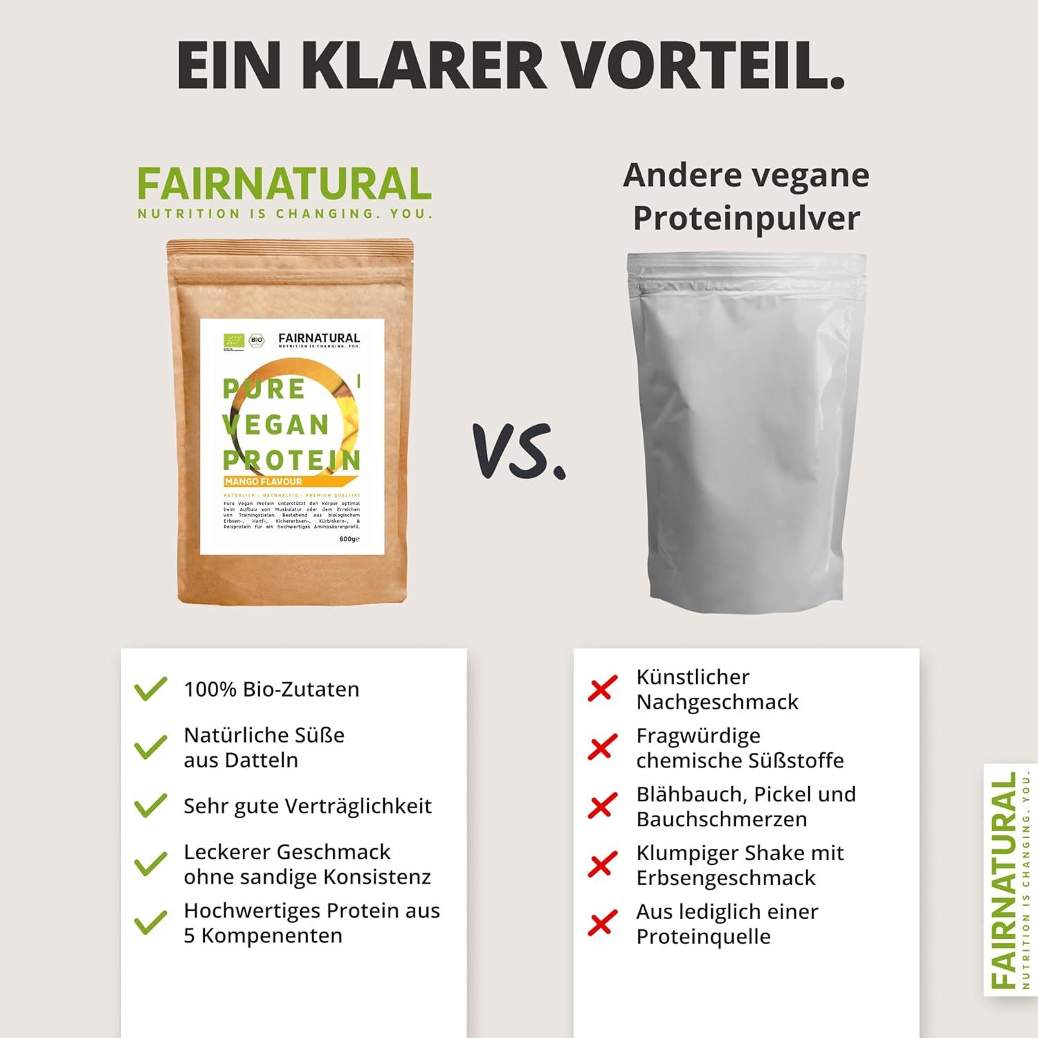 Vergleich: FAIRNATURAL Bio Vegan Protein-Pulver vs. anderes veganes Proteinpulver. Vorteile: Bio-Zutaten, natürliche Süße, gute Verträglichkeit.