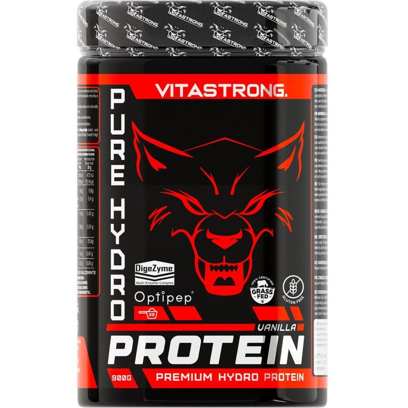 Schwarze Dose mit rotem Logo. Aufschrift: Vitastrong Pure Hydro Protein, Optipep, Vanille, 750g.