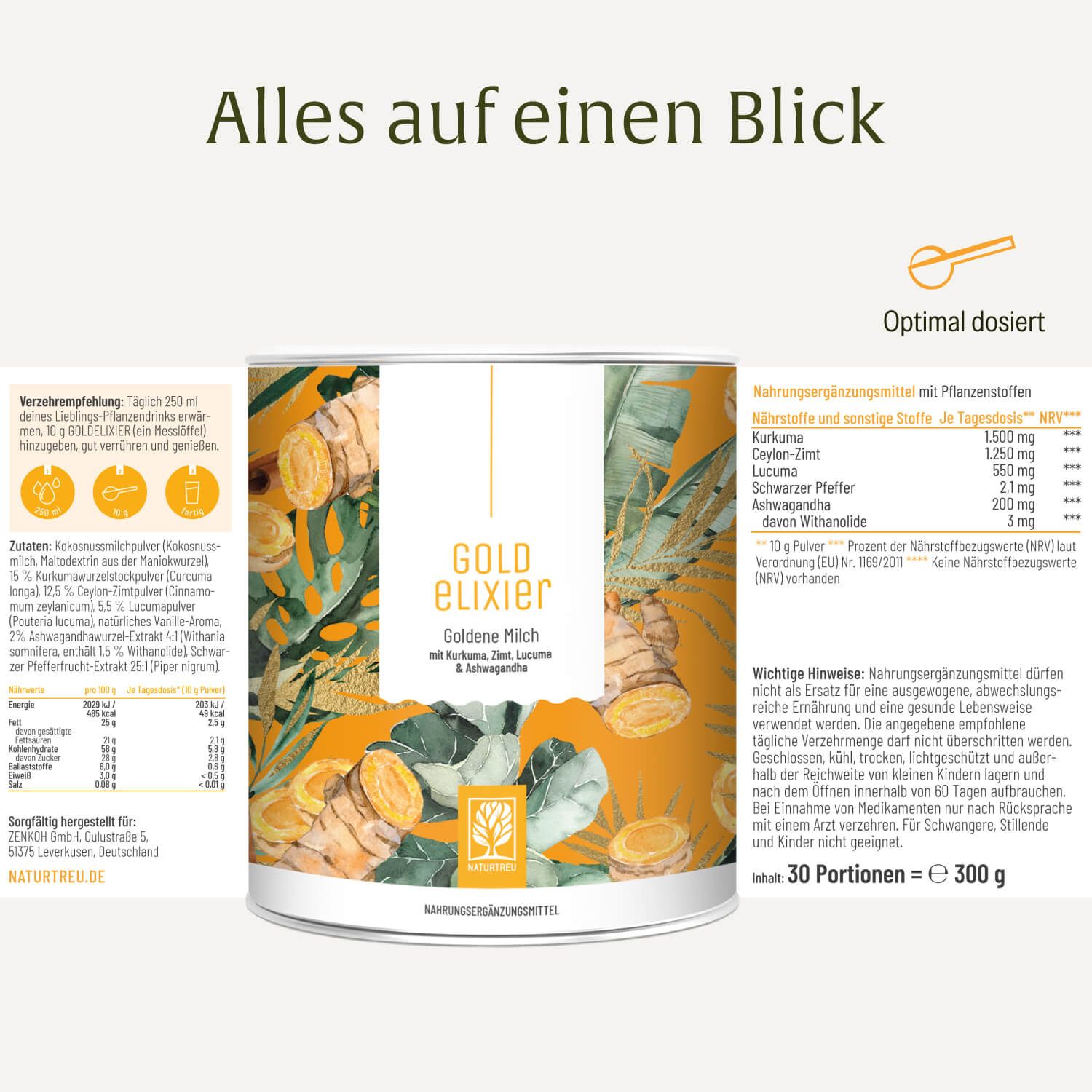 Dose "Gold elixier Goldene Milch" mit Kurkuma, Zimt, Kardamom und schwarzem Pfeffer. Enthält 30 Portionen à 300g.