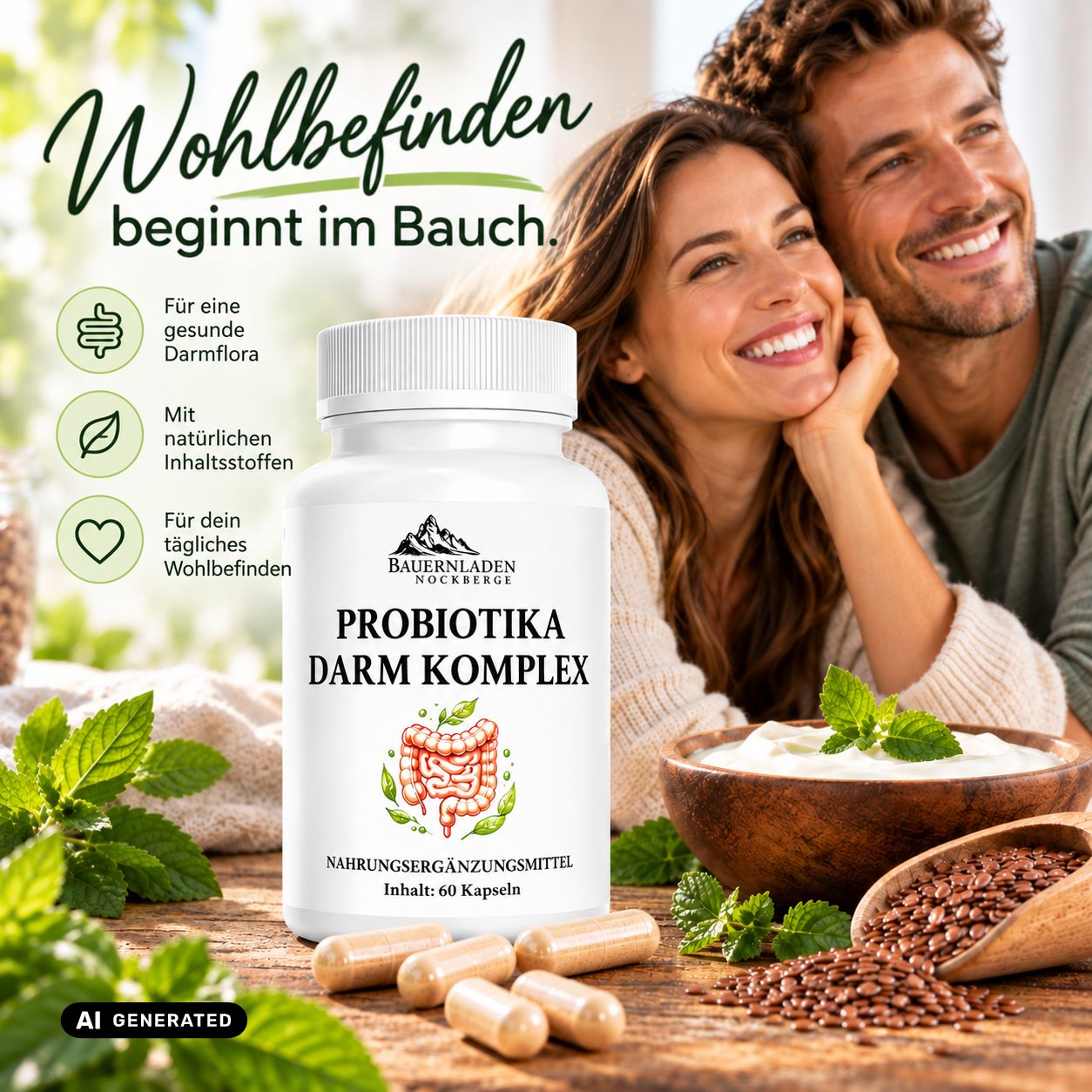 Flasche Probiotika Darm Komplex vor einem lächelnden Paar. "Wohlbefinden beginnt im Bauch" steht daneben.