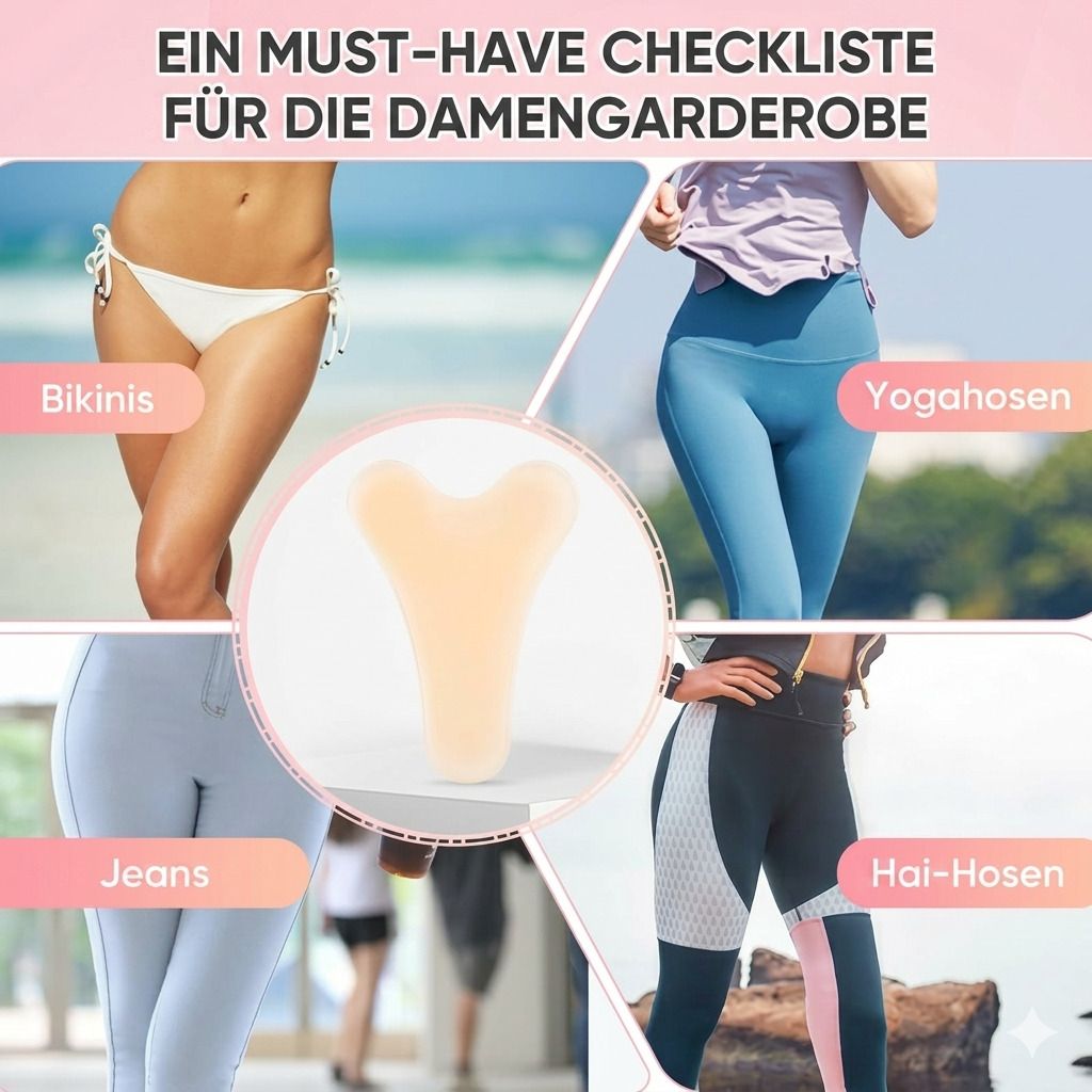 Checkliste für die Damengarderobe. Gezeigt werden Bikinis, Yogahosen, Jeans und Hai-Hosen. Y-förmiges Silikon-Pad.