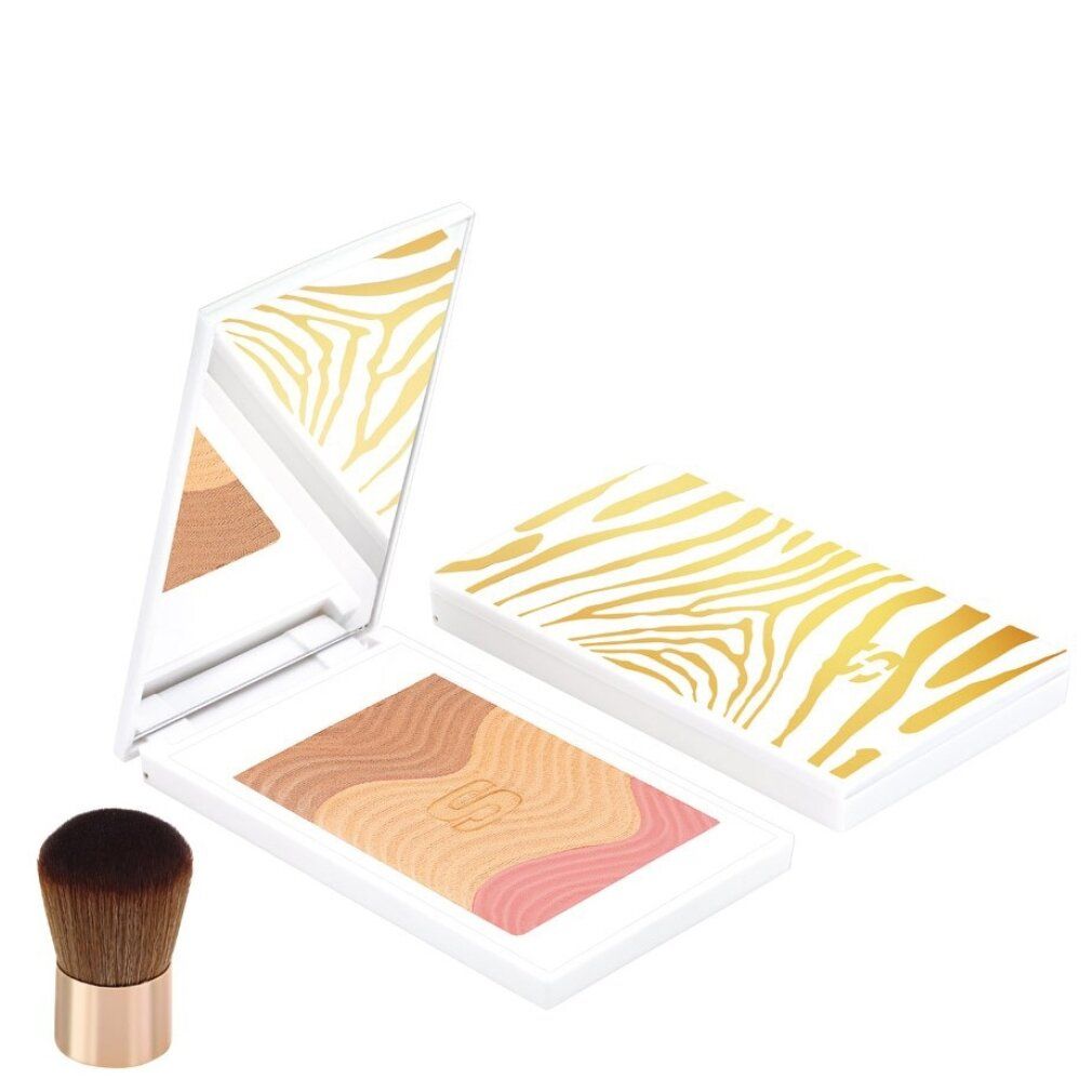Sisley Phyto-Touches. Kompaktes Puder-Make-up mit Spiegel und Pinsel. Weißes Gehäuse mit goldenem Zebra-Muster. Puder in verschiedenen Farbtönen.
