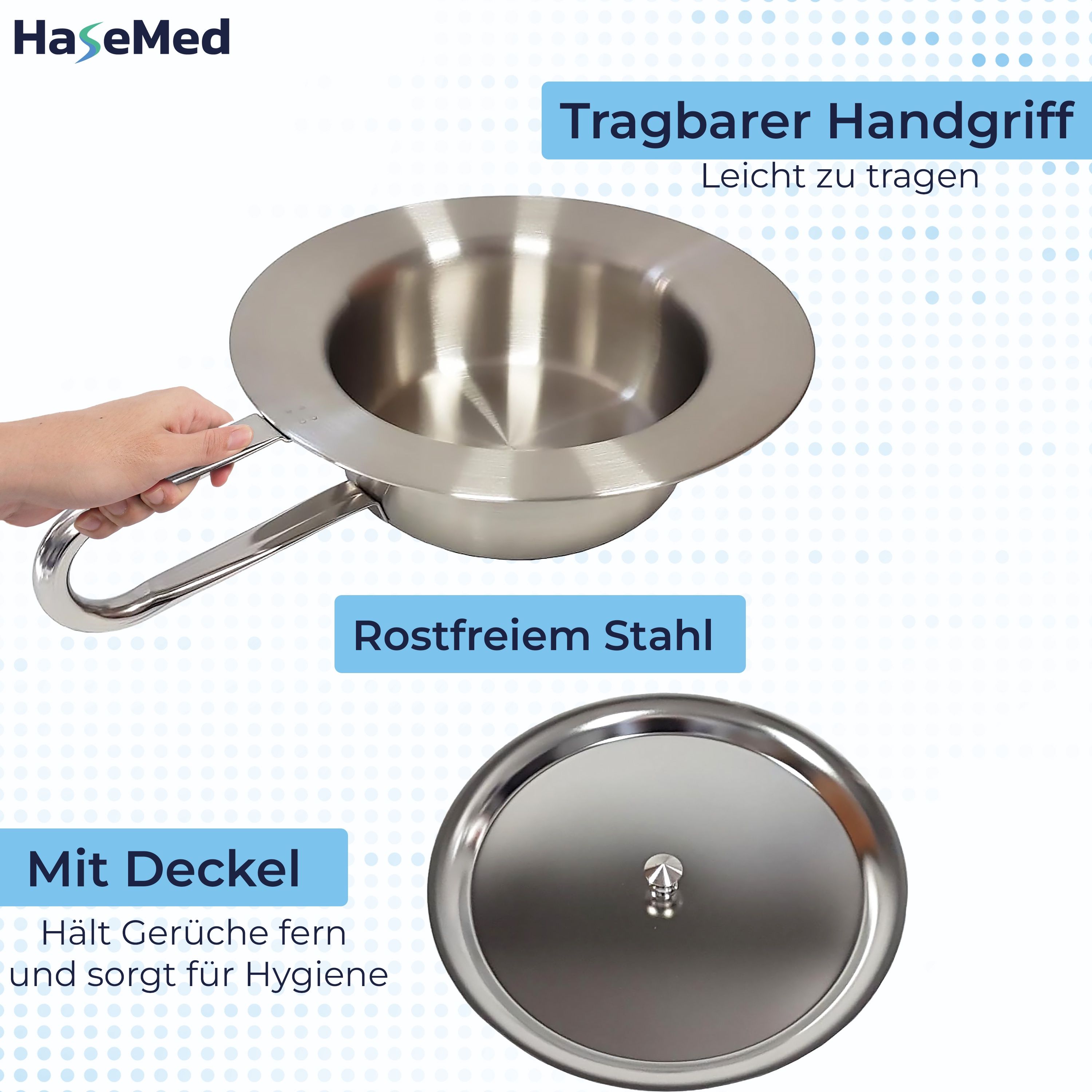 Edelstahl-Steckbecken mit Deckel. Text: Tragbarer Handgriff, rostfreier Stahl, mit Deckel. Marke HaseMed.
