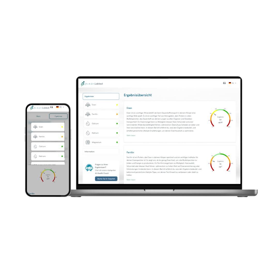 Laptop und Smartphone mit Testergebnissen. Ergebnisse auf dem Laptop-Bildschirm und Smartphone-Display angezeigt.