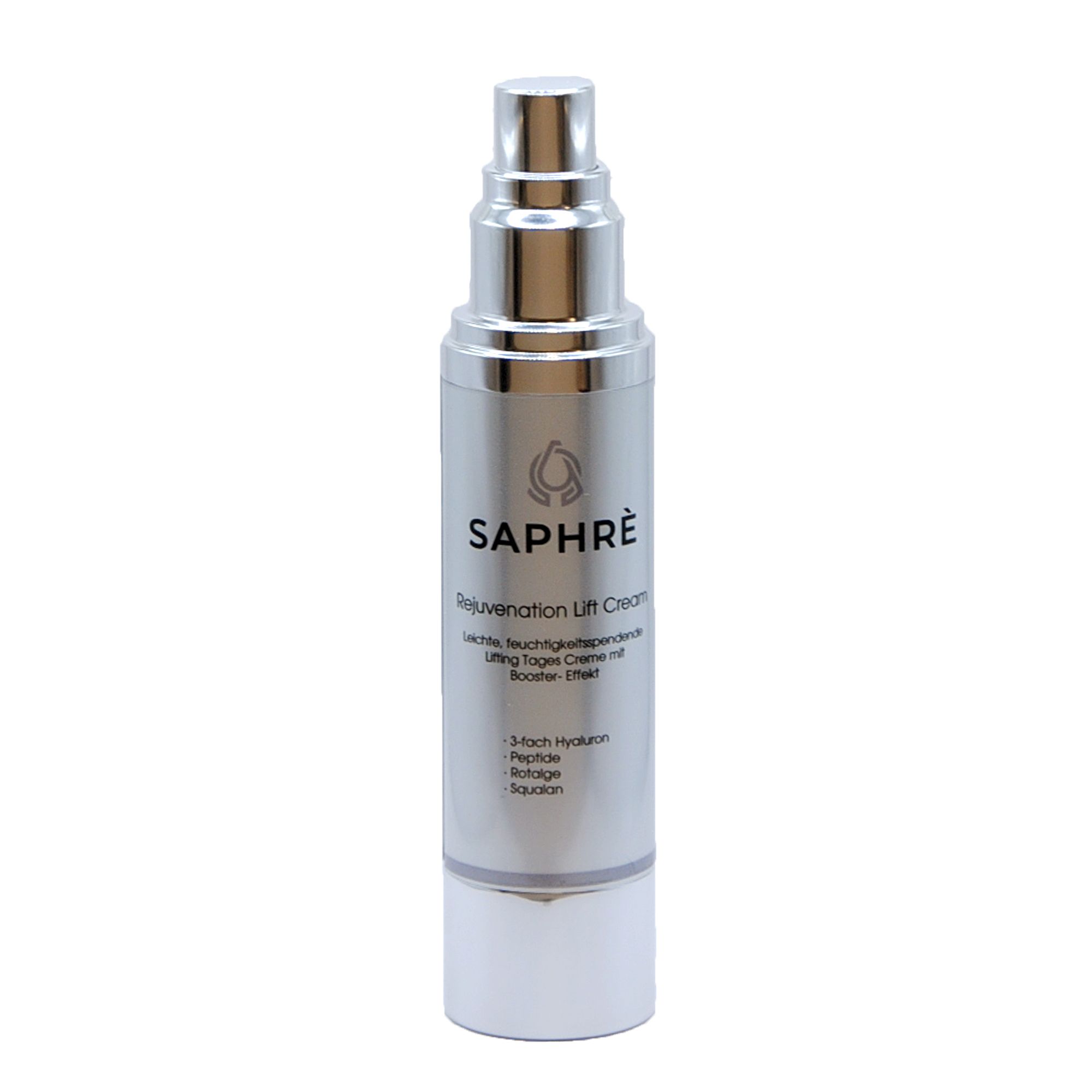 Silberne Creme-Tube mit Pumpkopf. Aufschrift: Saphre Rejuvenation Lift Cream. Enthält 3-fach Hyaluron, Peptide, Solution.