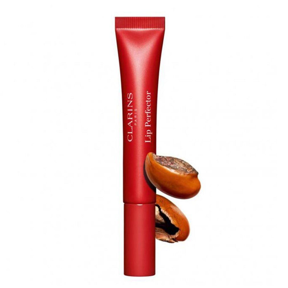 Rote Tube mit Clarins Lip Perfector. Aufschrift Clarins Paris. Produktname und Farbe sind sichtbar. Mit Sheabutter.