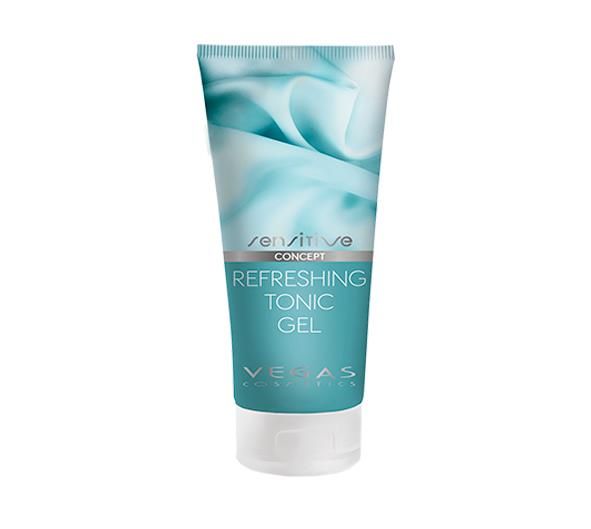 Produkt in Tubenform mit blau-weißem Design. 'Refreshing Tonic Gel' und 'Vegas Cosmetics' Schriftzug.