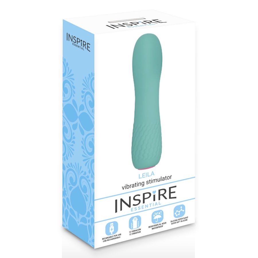 Verpackung mit türkisfarbenem Vibrator. Aufschrift: INSPIRE, LEILA, Vibrating Stimulator. Icons für Funktionen.