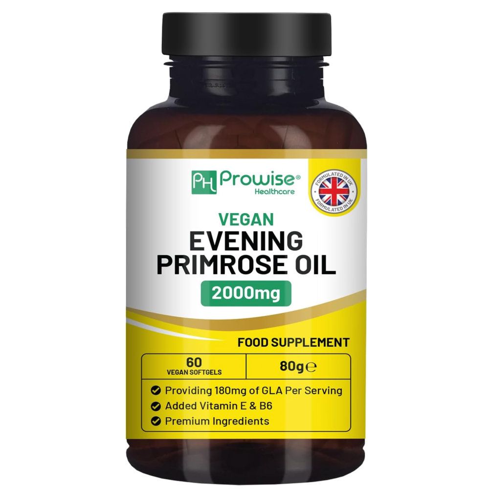 Braune Flasche mit Prowise Vegan Evening Primrose Oil 2000mg. 60 vegane Softgels. Mit gelbem Etikett.