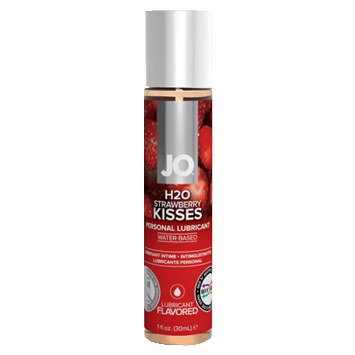 Zylindrische Flasche mit silbernem Deckel. Roter Hintergrund mit Erdbeeren. Text: JO, H2O Strawberry Kisses, Personal Lubricant, Water Based.
