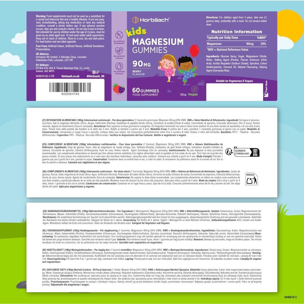 Horbaach Kinder Magnesium Gummies. Lila Flasche mit Gummibärchen. 60 Gummies, 90mg, Erdbeergeschmack. Vegan.