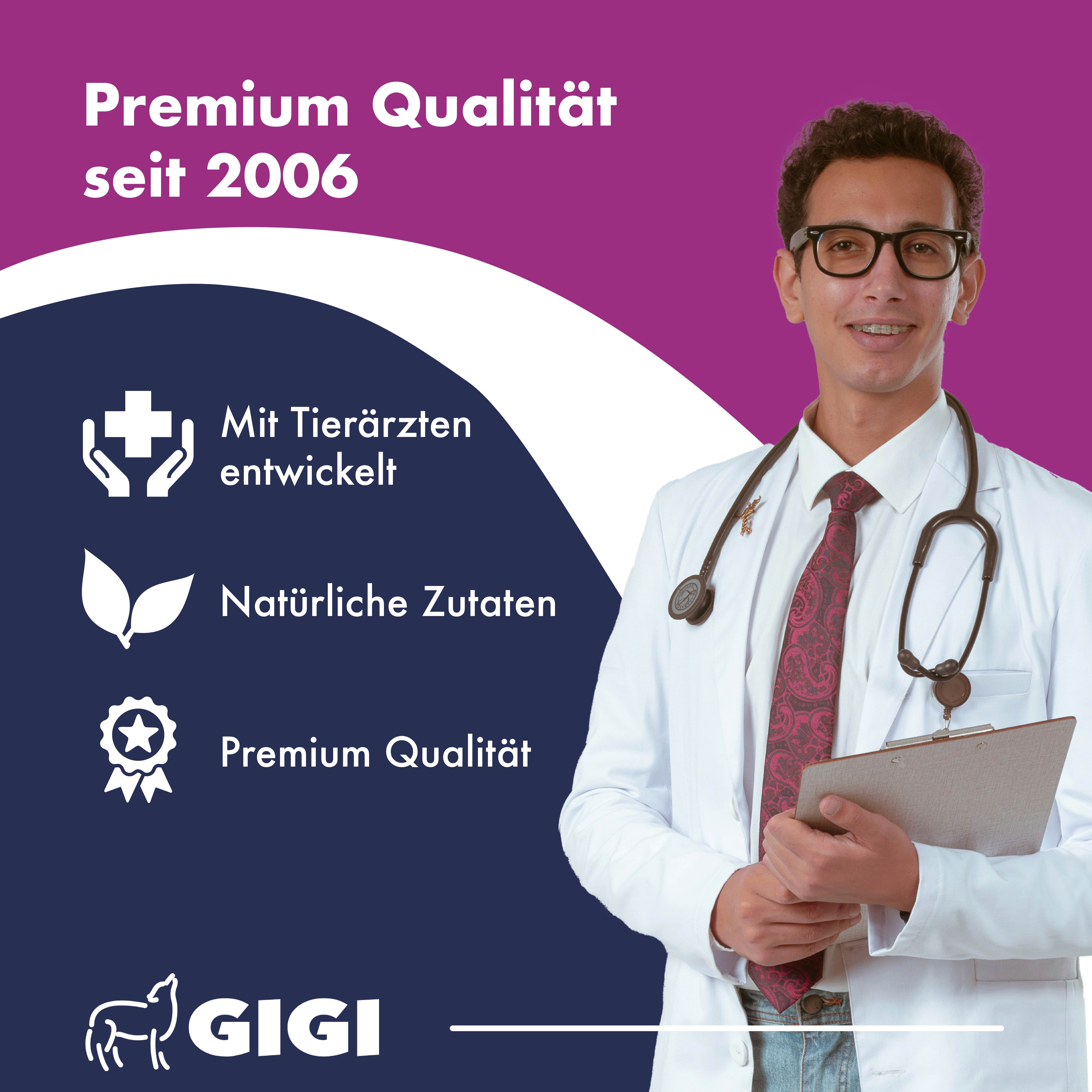 Arzt mit Stethoskop. Text: Premium Qualität seit 2006. Illustrationen: Kreuz, Blätter, Stern.