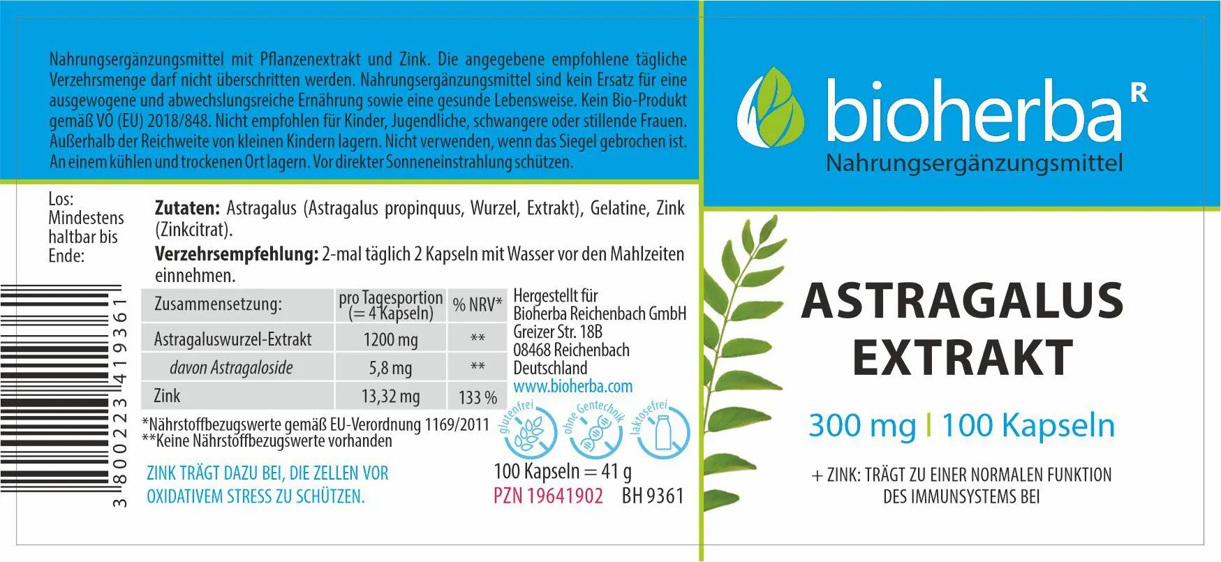 Etikett mit "bioherba" Logo und "Astragalus Extrakt". Enthält Informationen zu Inhaltsstoffen und Dosierung.
