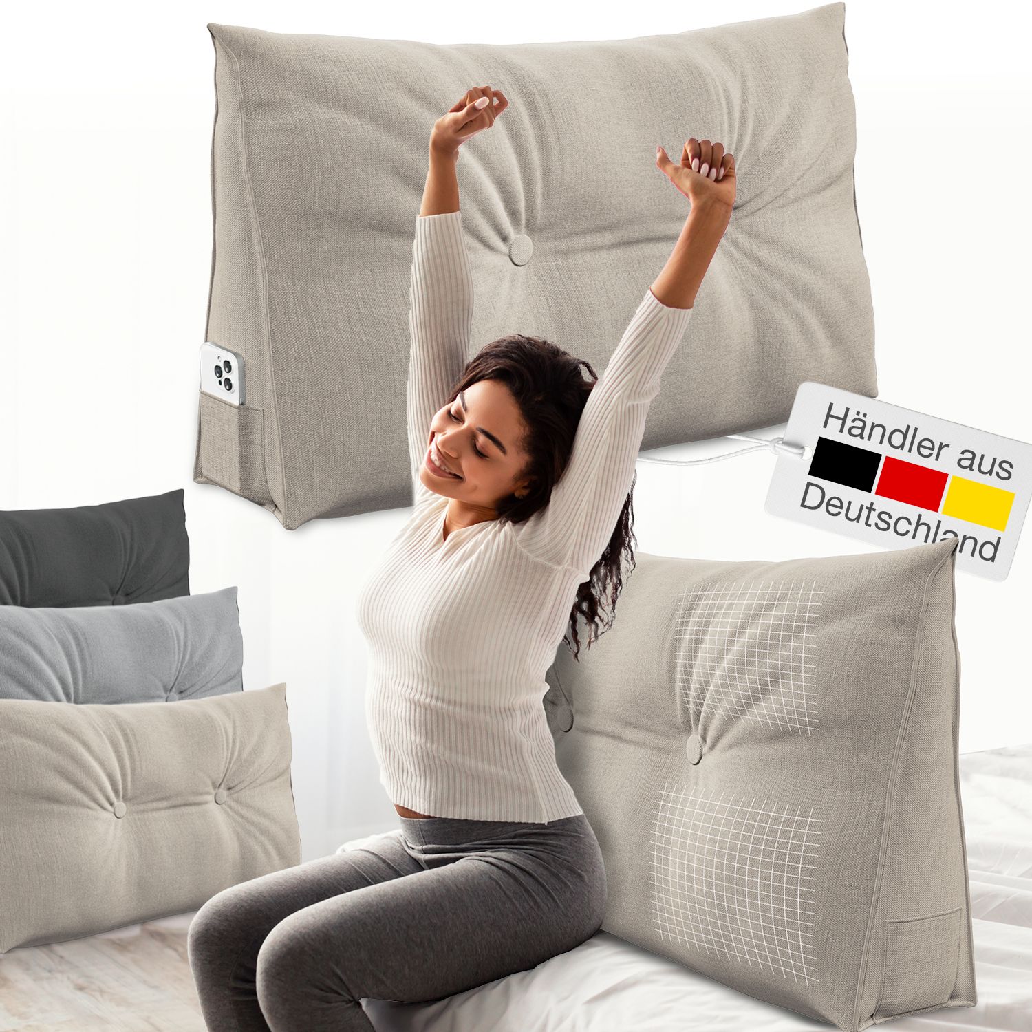 Frau mit Stützkissen. Beige Kissen mit Knöpfen. Seitentasche. Kissen in verschiedenen Farben. Label: Händler aus Deutschland.