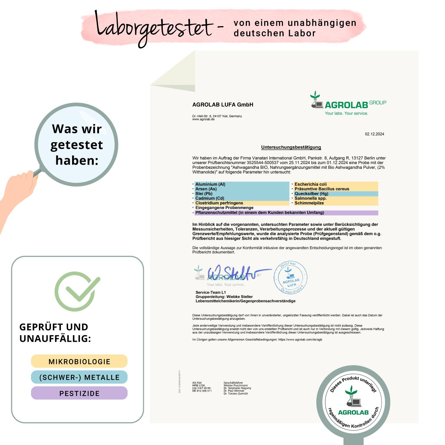Zertifikat von Agrolab. Text: Geprüft und unauffällig. Mikrobiologie, Metalle, Pestizide.