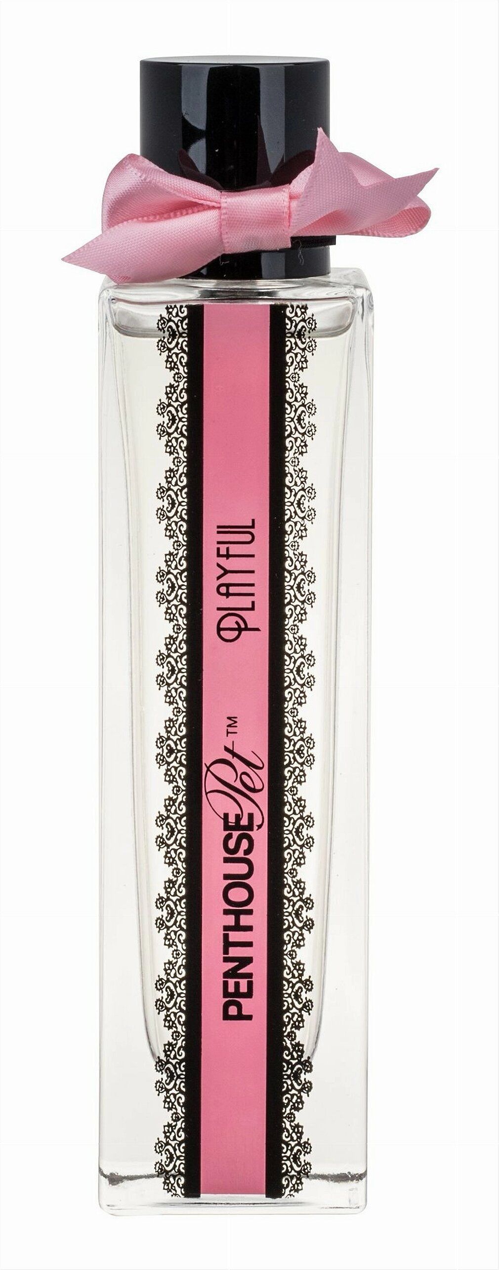 Parfümflasche mit schwarzem Deckel und rosa Schleife. Rosa Etikett mit schwarzem Spitzenmuster und Schriftzug.