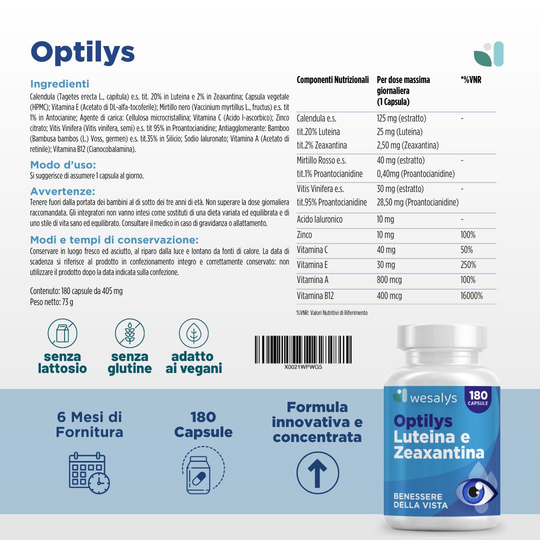 Flasche Optilys Luteina e Zeaxantina. Text: Inhaltsstoffe, Nährwertangaben, ohne Laktose, glutenfrei, für Veganer. 180 Kapseln.