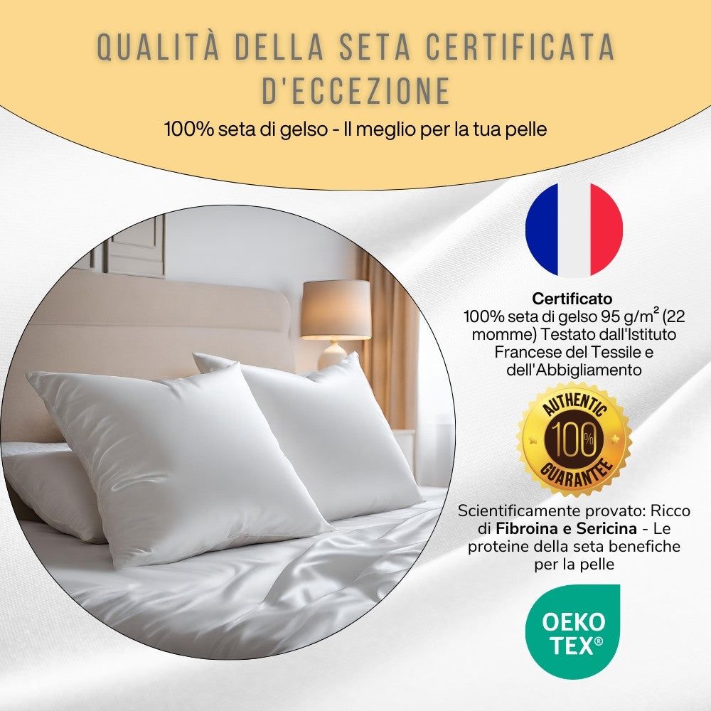 Qualità della seta certificata. Cuscini, bandiera francese, certificati, testo: 100% seta di gelso.