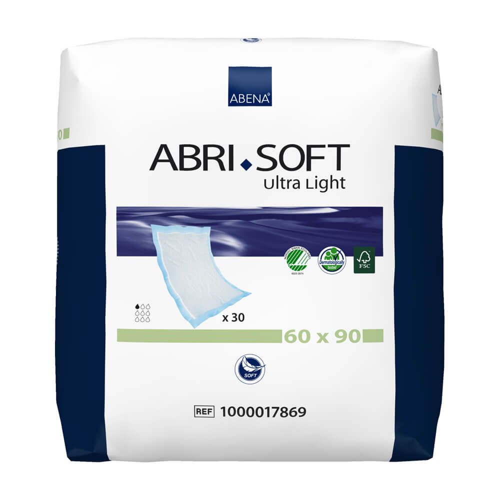 Verpackung Abri-Soft Ultra Light, 60 x 90 cm, mit Logo und Produktinformationen. Enthält 30 Stück. Zertifizierungen sichtbar.