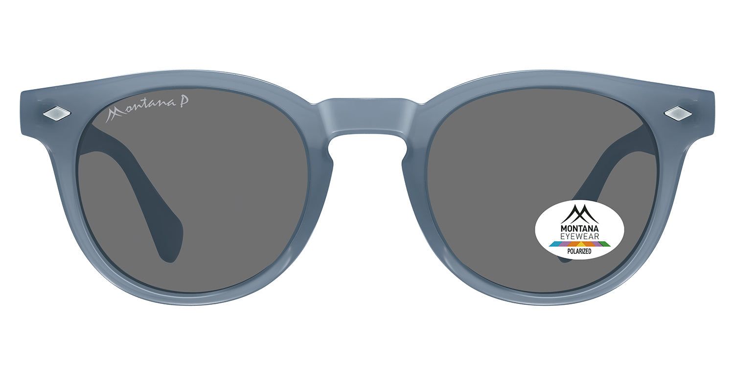 Blaue Sonnenbrille mit runden Gläsern. Montana Eyewear Logo auf dem Bügel und Glas. Polarisierte Gläser.