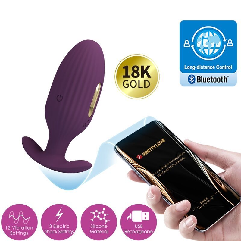 Lila Analstecker mit Smartphone. Bluetooth, 18K Gold, 12 Vibrationen, USB.