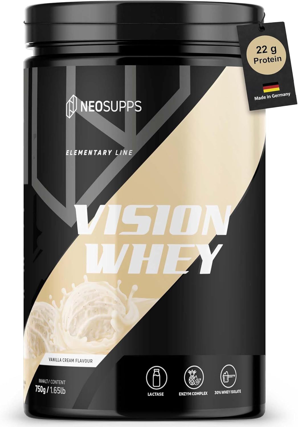 Schwarze Dose "VISION WHEY" mit Text und Grafik. Label: 22g Protein, Made in Germany.
