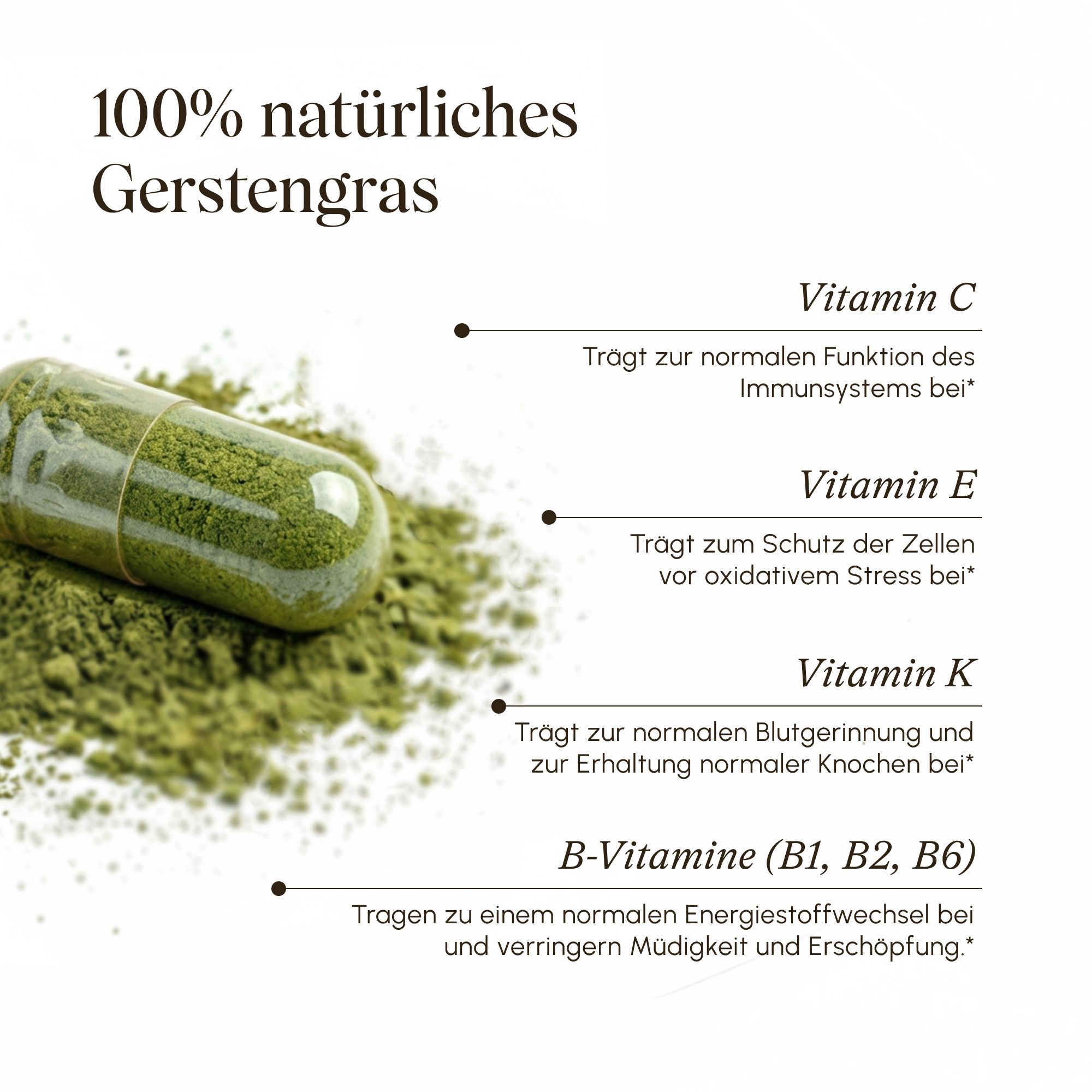 VETAIN Gerstengras Kapsel mit Inhaltsstoffen: Vitamine C, E, K, B-Vitamine.