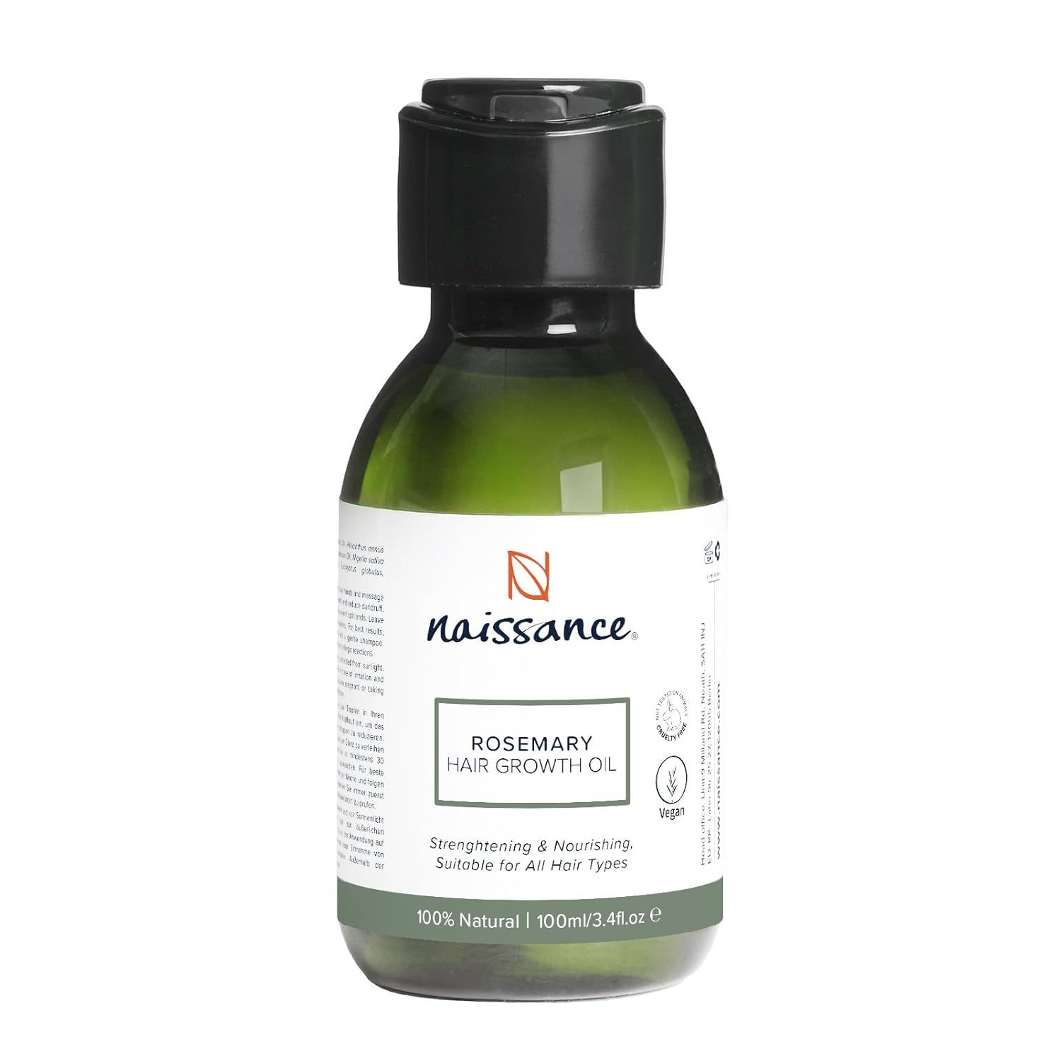 Grüne Flasche mit schwarzem Deckel. Aufschrift: Rosemary Hair Growth Oil. 100% Natural. Für alle Haartypen geeignet.