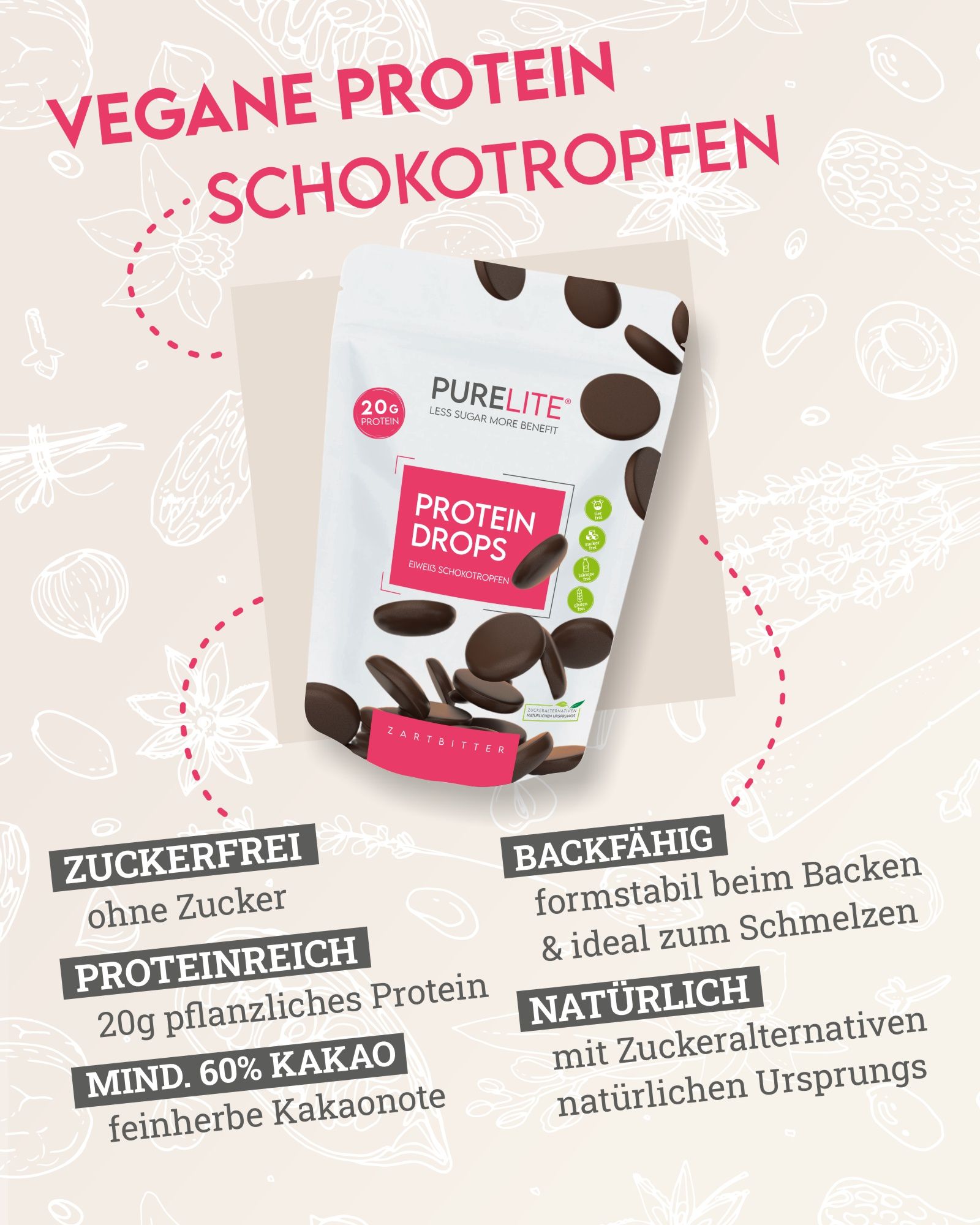 PURELITE Protein Drops Zartbitter Verpackung. Aufdruck: 20g Protein, Protein Drops, Zartbitter. Text: zuckerfrei, proteinreich, 60% Kakao. Symbole.