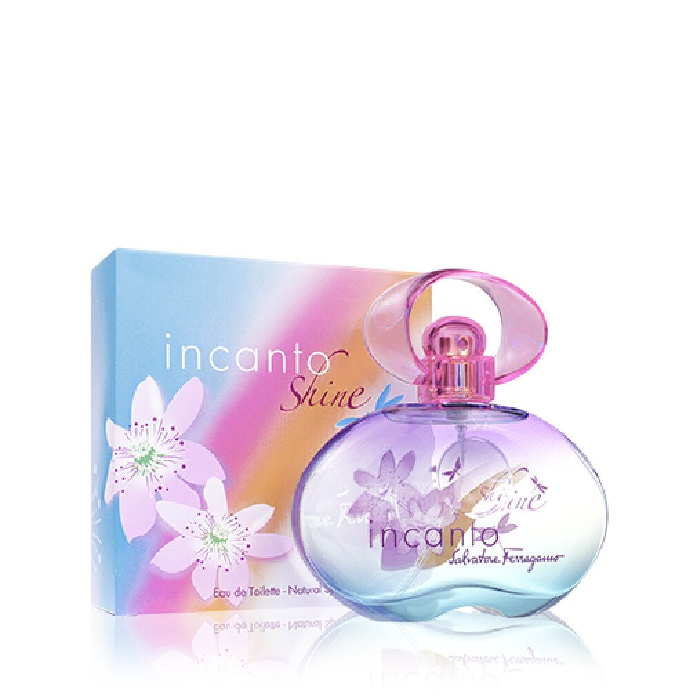 Parfümflakon und Verpackung. Flakon mit floralem Design, Verpackung mit Farbverlauf und Schriftzug: incanto Shine, Salvatore Ferragamo.