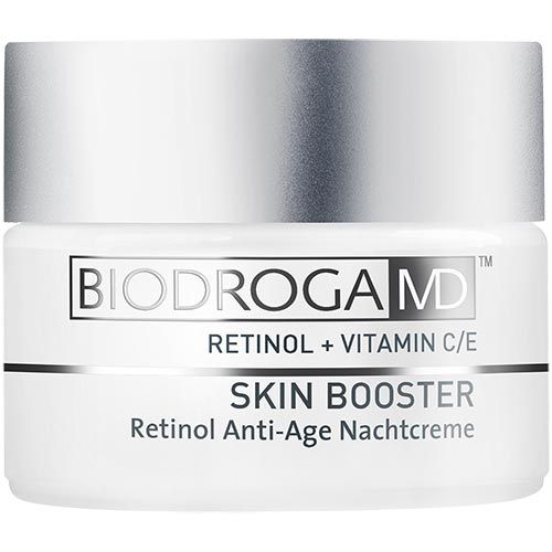 Creme-Tiegel mit silbernem Deckel. Aufschrift: BIODROGA MD, RETINOL + VITAMIN C/E, SKIN BOOSTER, Retinol Anti-Age Nachtcreme.