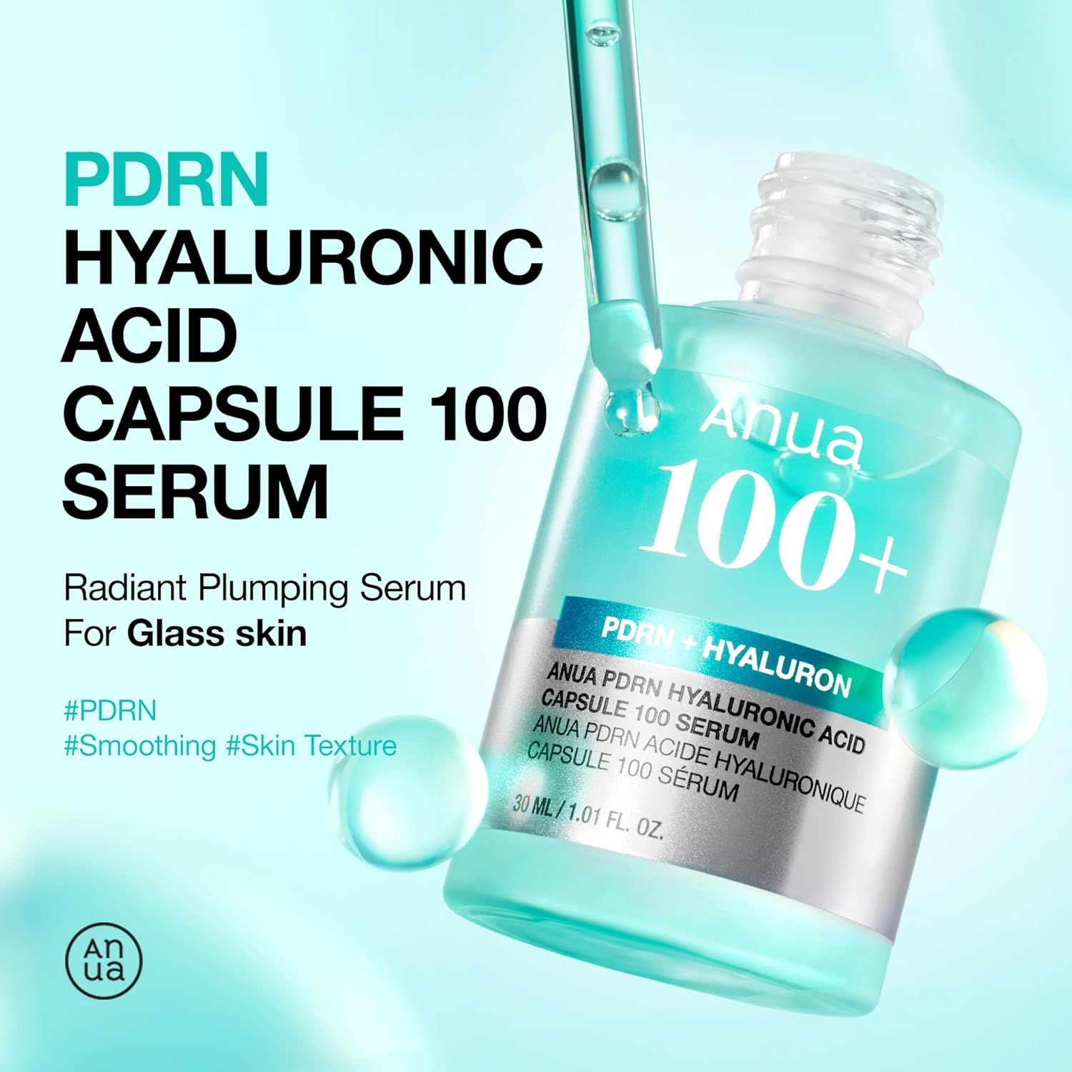 Serumflasche mit Pipette. Text: PDRN Hyaluronsäure Capsule 100 Serum. Zusätzlicher Text: Radiant Plumping Serum.