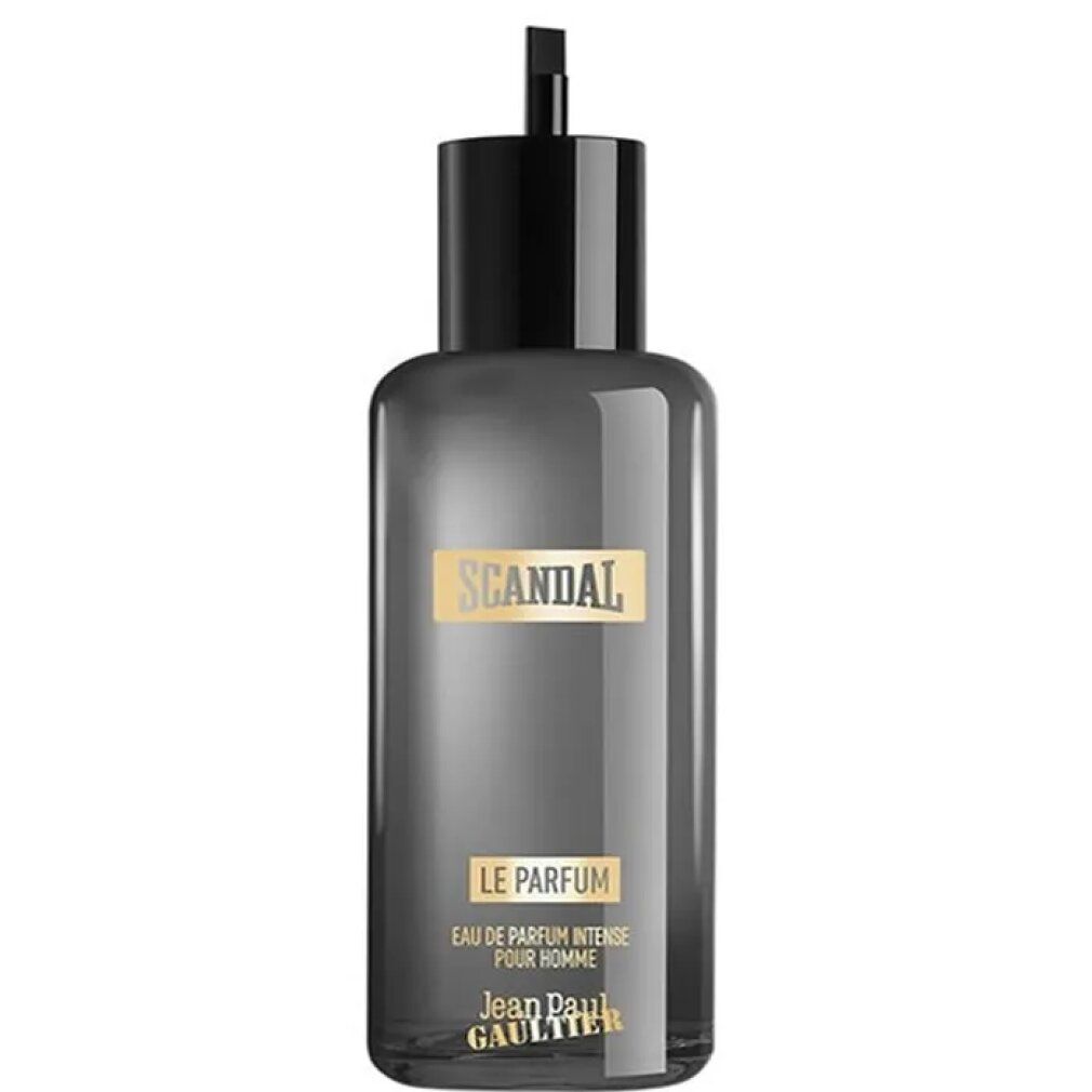 Graue Parfumflasche mit schwarzem Verschluss. Aufschrift: Scandal Le Parfum, Jean Paul Gaultier. Eau de Parfum Intense Pour Homme.
