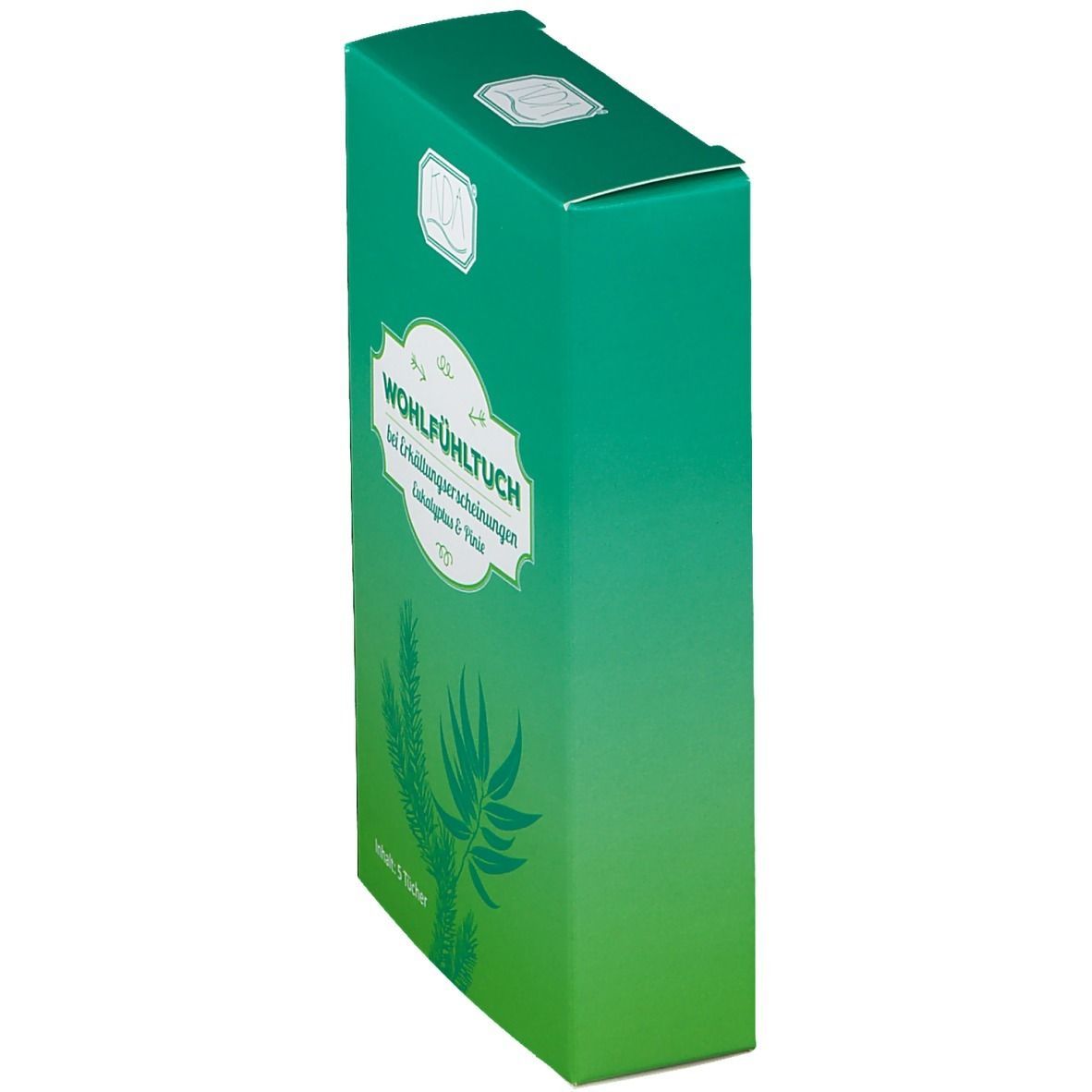 Grüne Verpackung mit Produktnamen und Logo. Enthält 5 Tücher. Aufdruck mit Pflanzenmotiv und Produktbezeichnung.