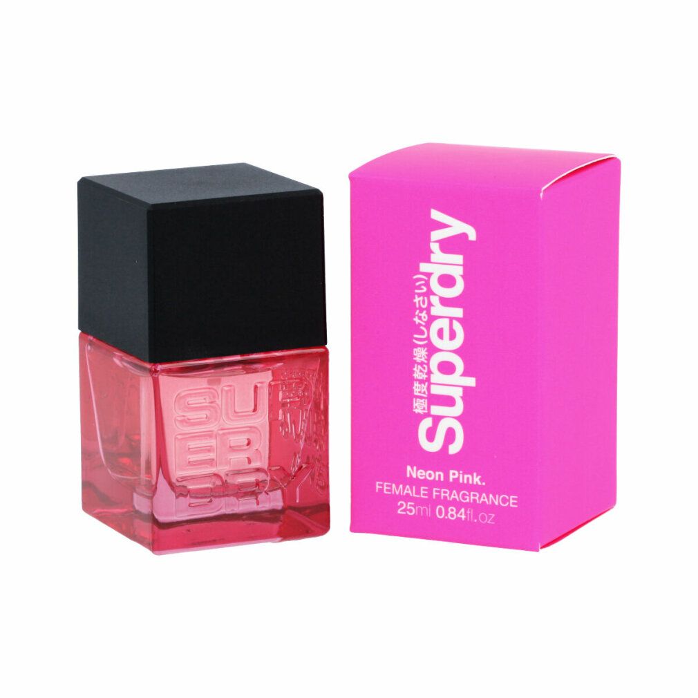 Superdry Neon Pink Eau de Cologne. Rosa Flakon mit schwarzem Deckel und rosa Verpackung mit weißem Schriftzug.