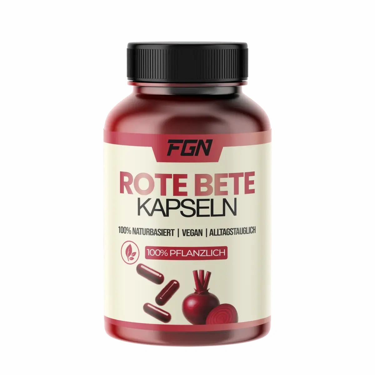 Flasche mit FGN Rote Bete Kapseln, 100% pflanzlich, vegan.