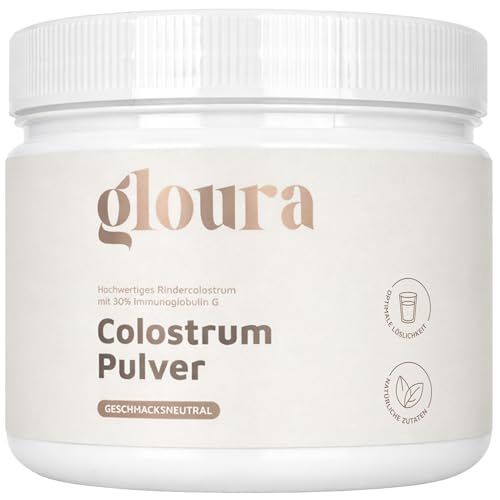 Weißes Colostrum Pulver-Behälter mit Deckel. Aufschrift: Gloura, Colostrum Pulver, laktosefrei. Mit Logos.