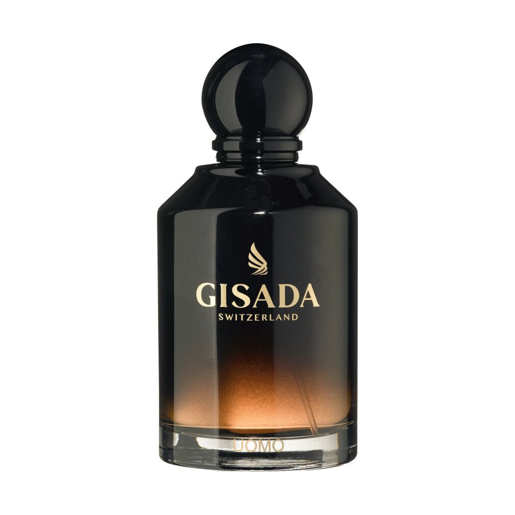 Gisada Uomo Eau de Parfum Flakon mit schwarzem Verschluss und goldener Schrift.