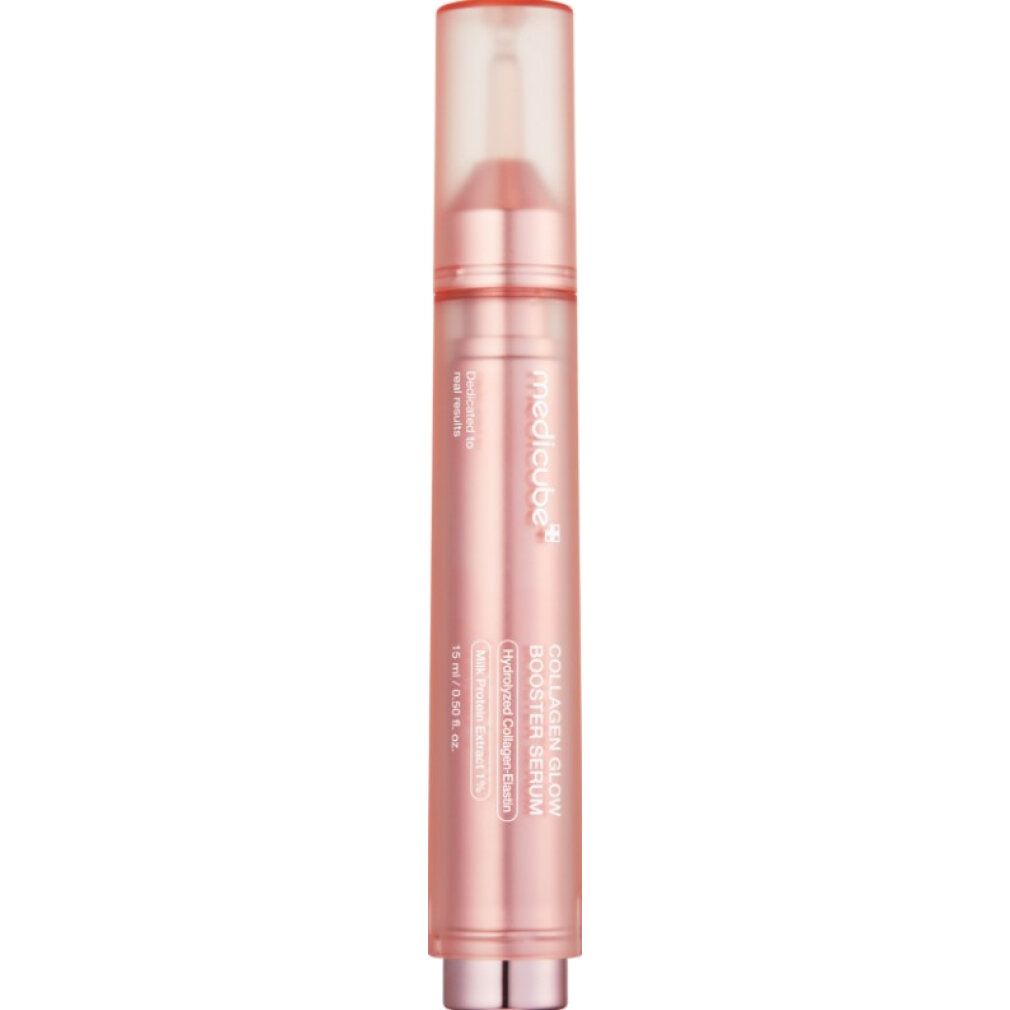 Rosa Serum-Applikator mit silbernem Detail und durchsichtigem Deckel. "Collagen Glow Booster Serum" beschriftet.