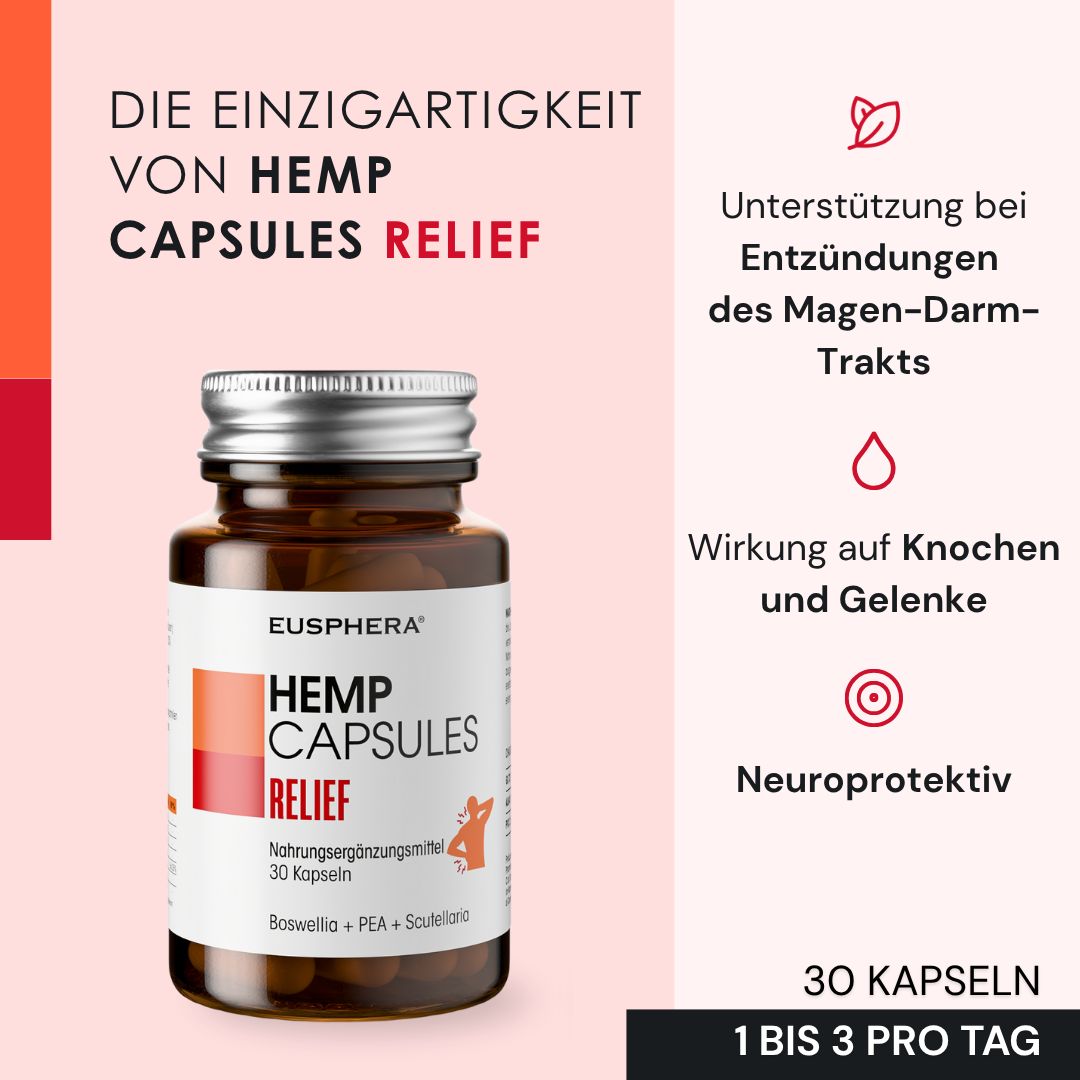 HEMP CAPSULES RELIEF Flasche. 30 Kapseln. 1 bis 3 pro Tag. Unterstützt Magen-Darm-Entzündungen.
