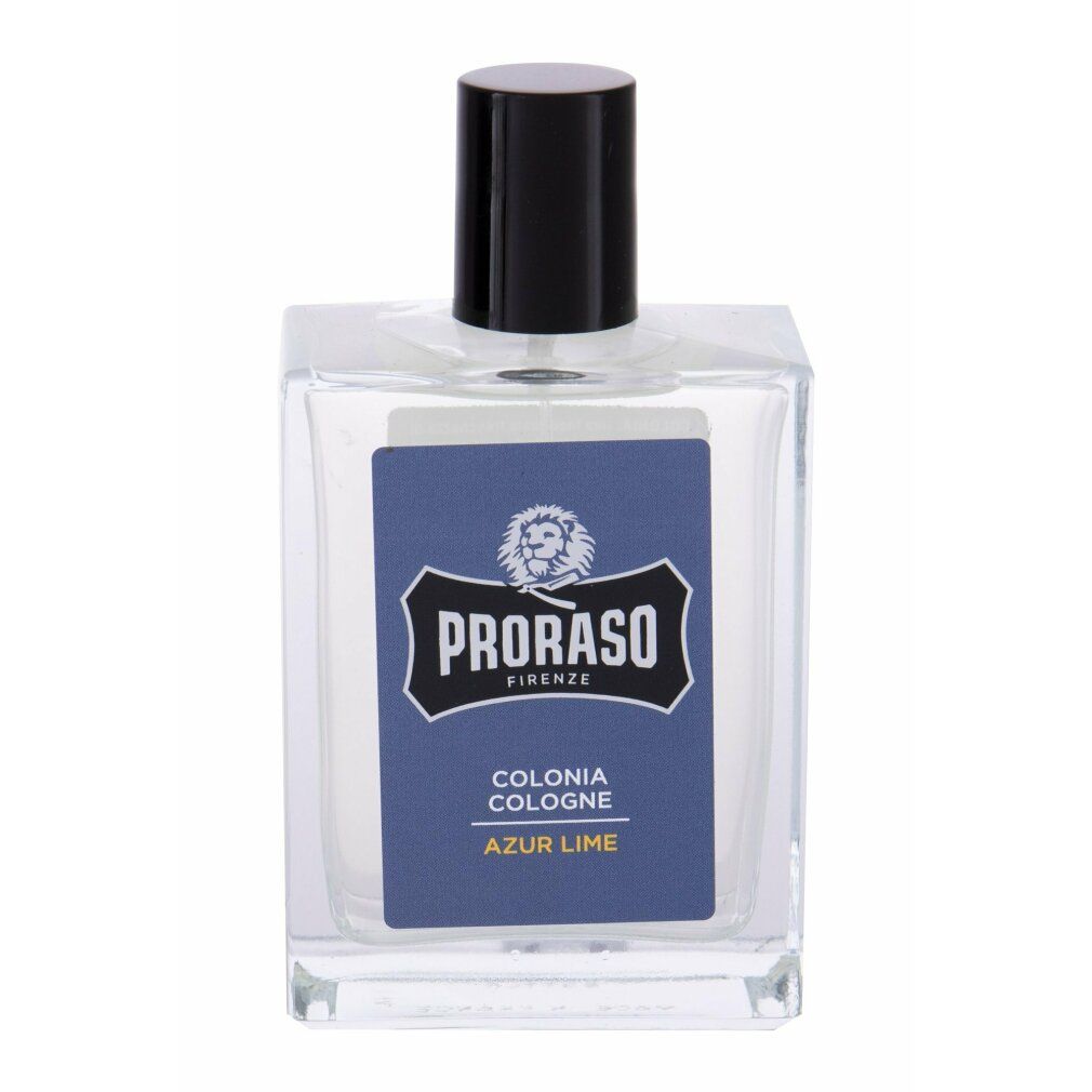 Glasflakon mit schwarzem Deckel. Blaues Etikett mit Aufschrift: Proraso, Colonia, Azur Lime.