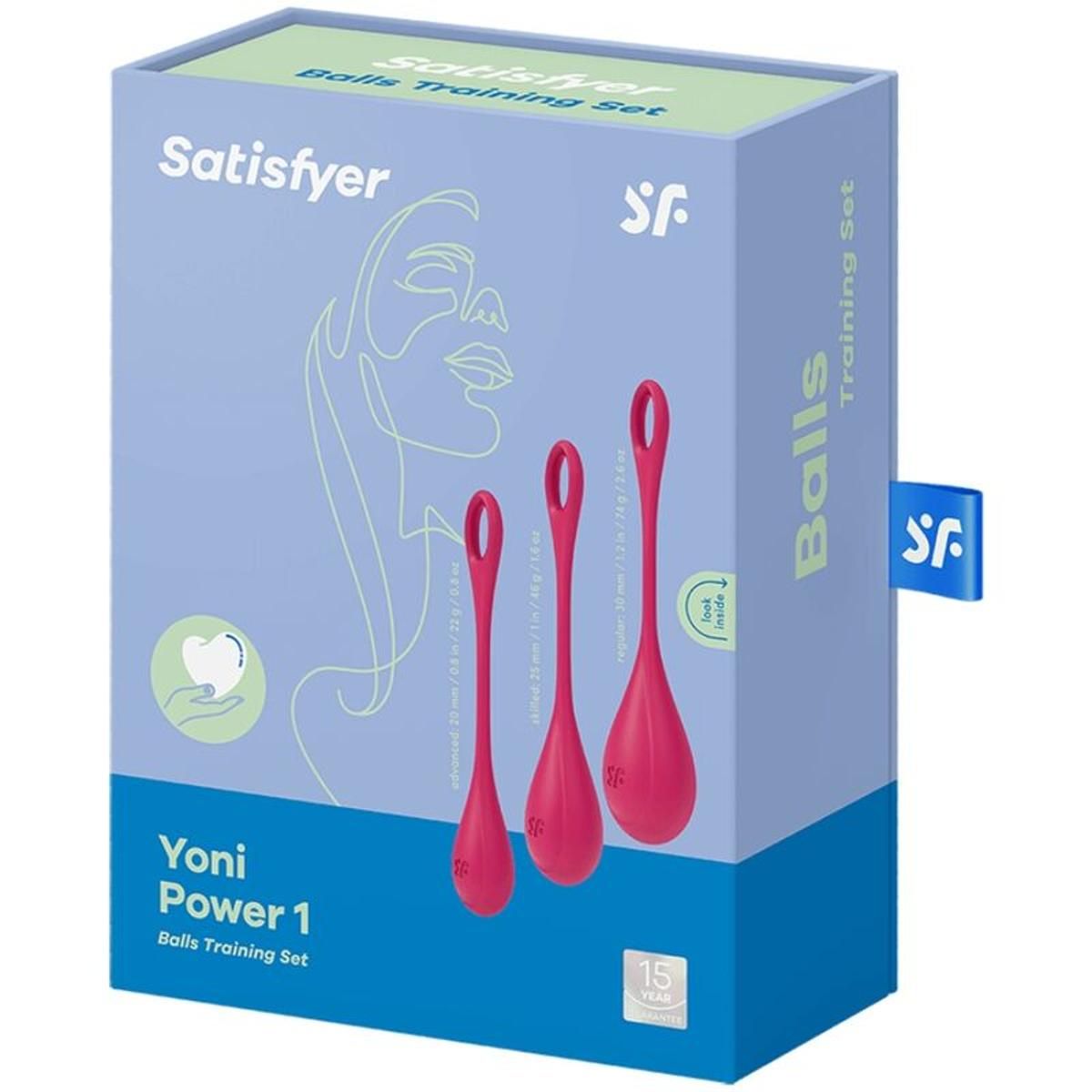 Verpackung mit drei rosafarbenen Kegeln. Auf der Verpackung steht "Satisfyer" und "Yoni Power 1".