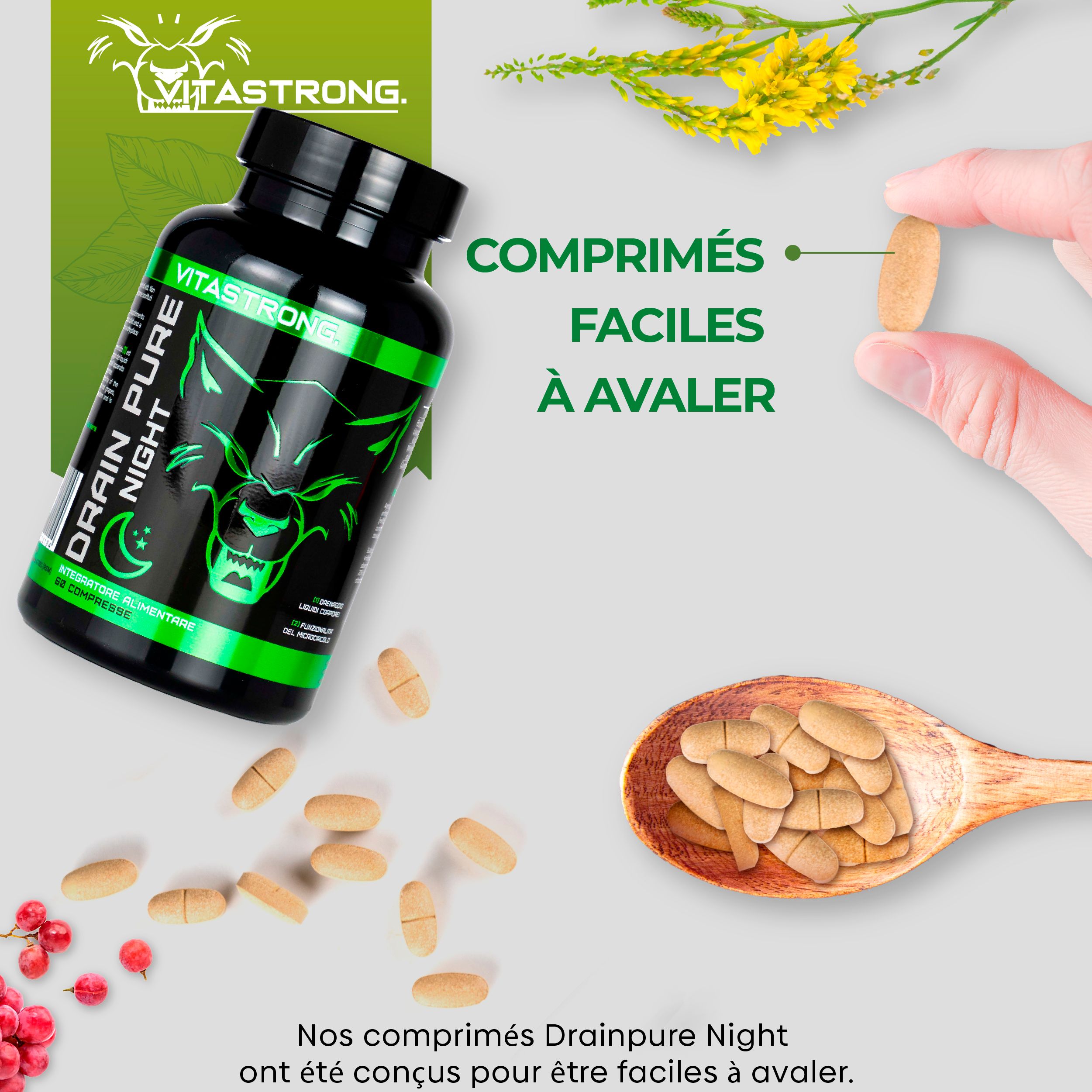 Flacon de produit et comprimés sur une cuillère. Texte: VITASTORNG, DRAIN PURE NIGHT. Comprimés faciles à avaler.