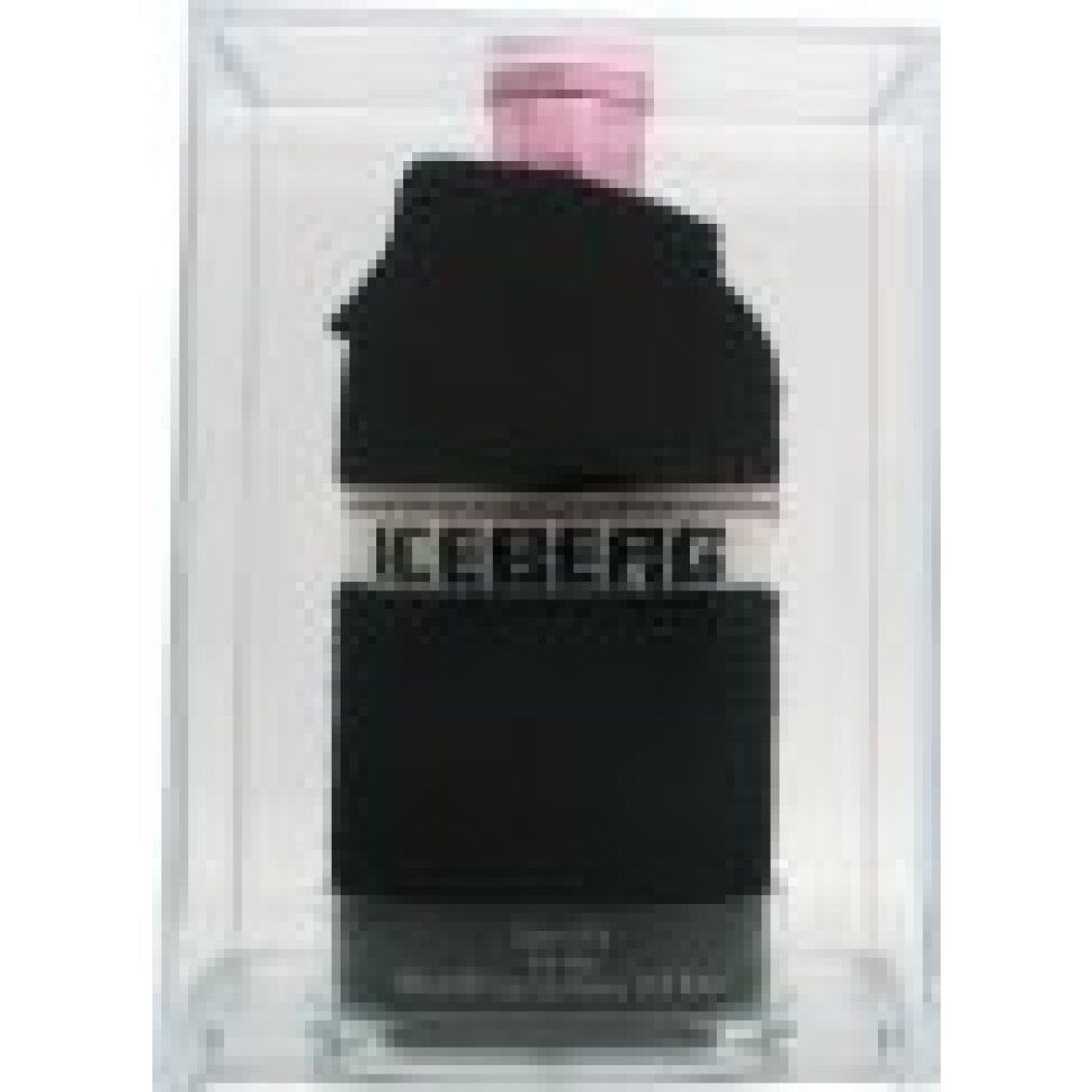 Parfümflasche in schwarzem Pullover-Design, in transparenter Box. Aufschrift ICEBERG. Rosa Verschluss.